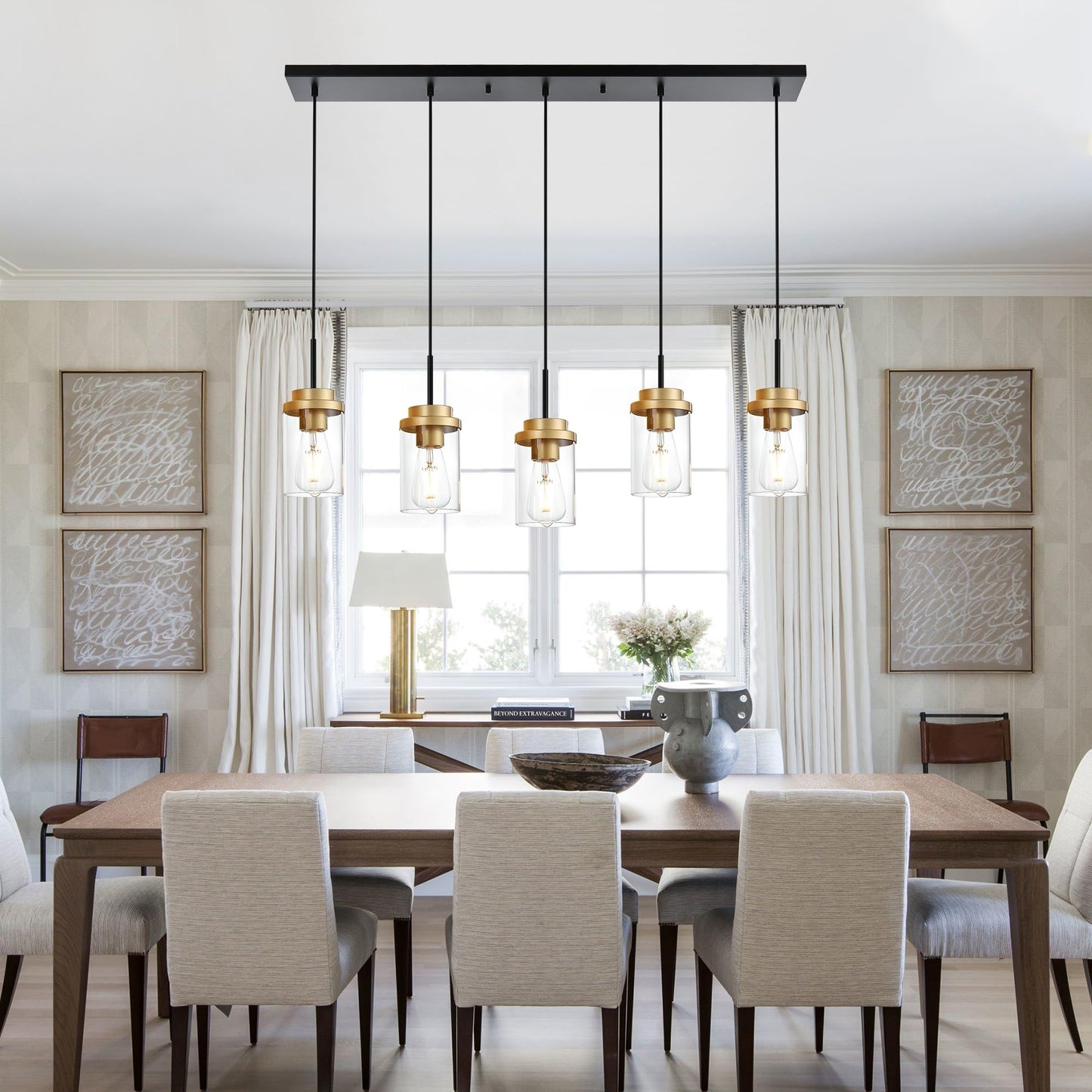 Melucee 5-Lights Adjustable Pendant Light, Black Brass, Modern Chandelier For Dining Room, 40.1 Inches, Clear Glass Shade, Model 4-4501-5D