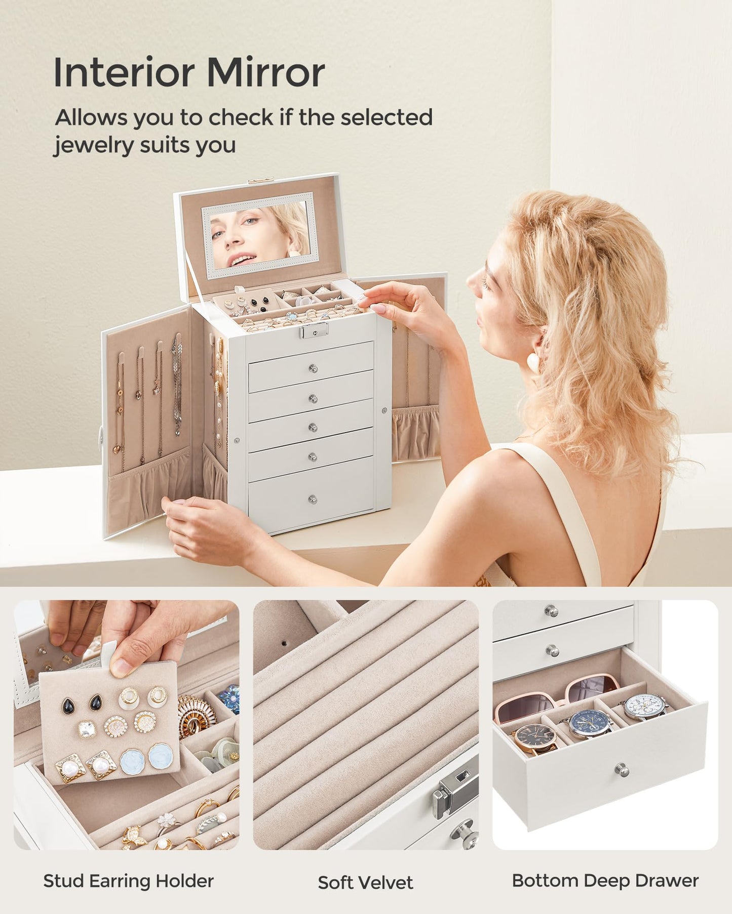SONGMICS 6 Tier Jewelry Box, Jewelry Storage Organizer with 5 Drawers, Large Storage Capacity, with Mirror, Lockable, Jewelry Ca