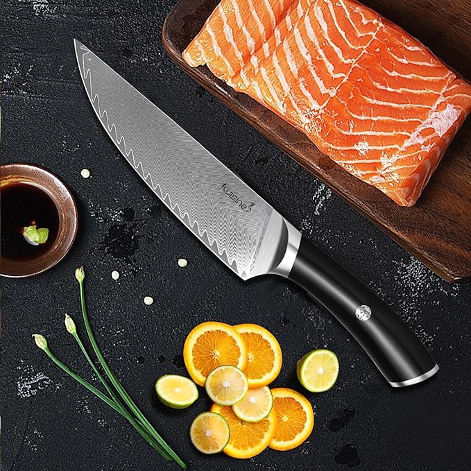 KUISINE Premium Damascus Chef Knife Non-slip Handle Razor sharp Blade Luxuy Gift for Holidays(Silver Pro, 8inch)