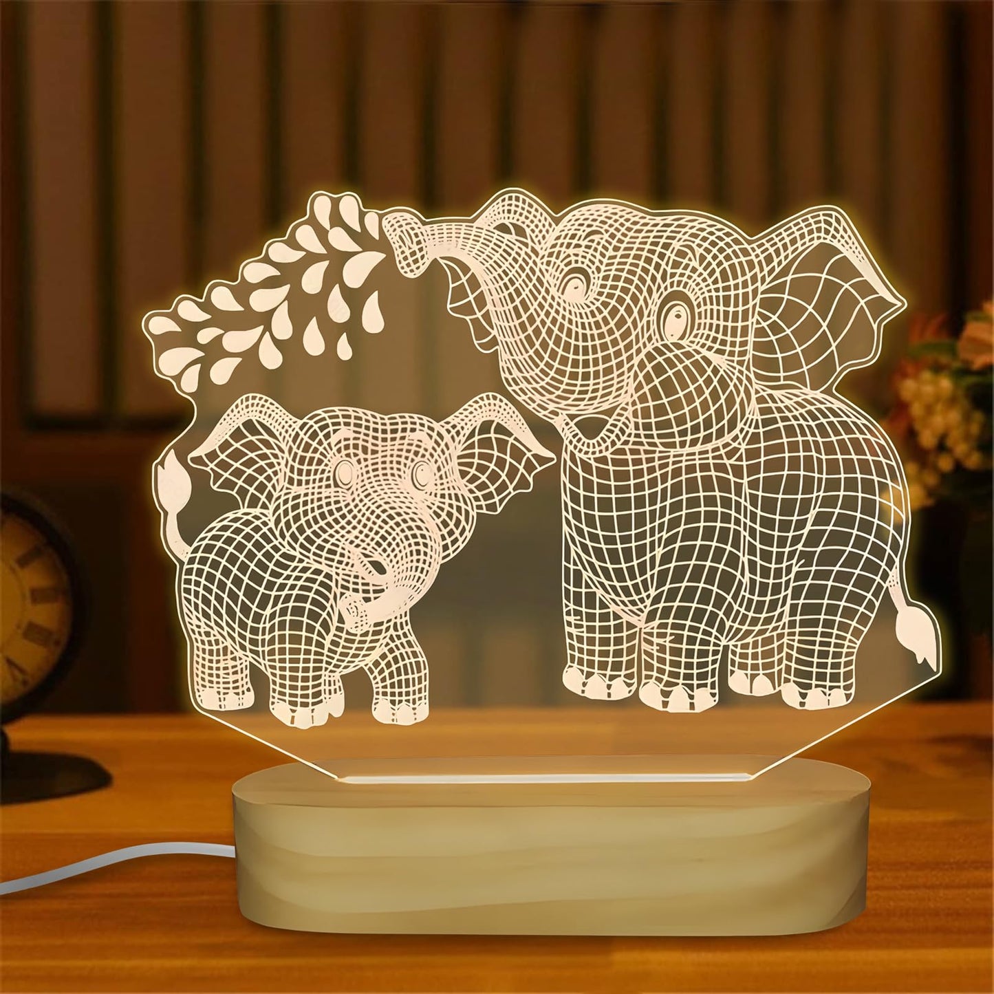 Hpydiy Elephant Shape 3D Crystal Acrylic Light Base With Wood Stand Led Light For Kids Room Decor Gift For Mom On Birthday Or Holiday Home D?Cor Art Display