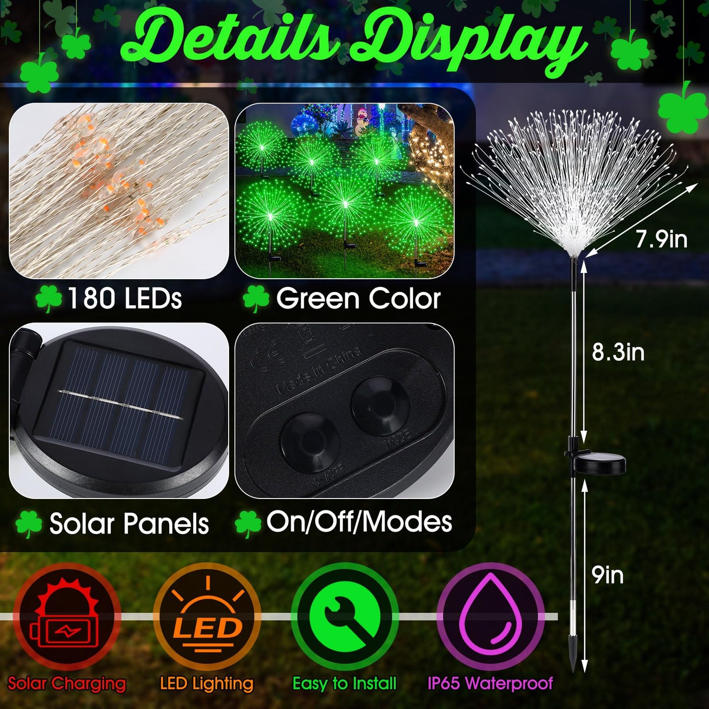 Tujoe 4 Pcs St Patricks Day Solar Lights Solar Firework Lights Decoration 180 LED 8 Modes Waterproof LED Stake Sparkler Decor for Irish Walkway Pathway Driveway Garden Patio Yard Lawn(Green)