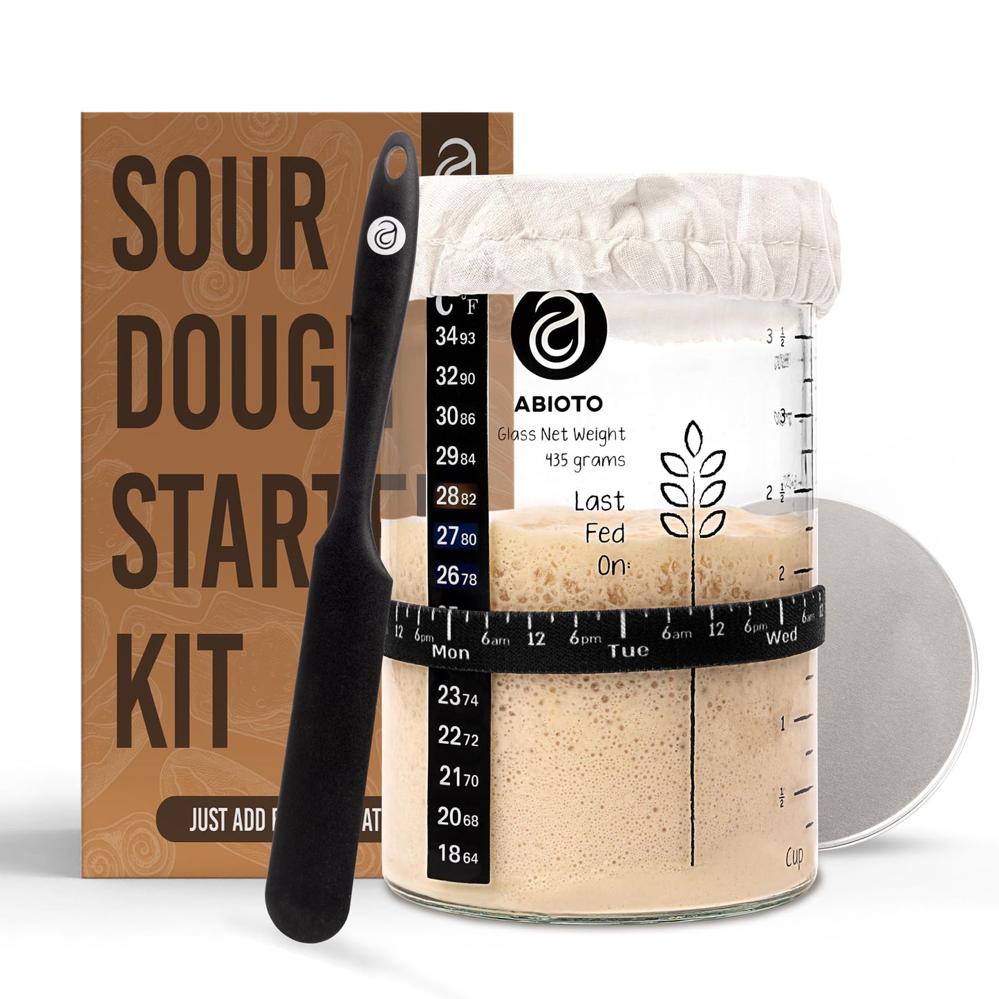 ABIOTO Sourdough Starter Jar Kit Includes 34 oz Sourdough Starter Jar with Metallic Lid Silicone Spatula Feeding Tracker Extra Thermometer Strips & Breathable Covers - Sourdough Bread Starter Kit