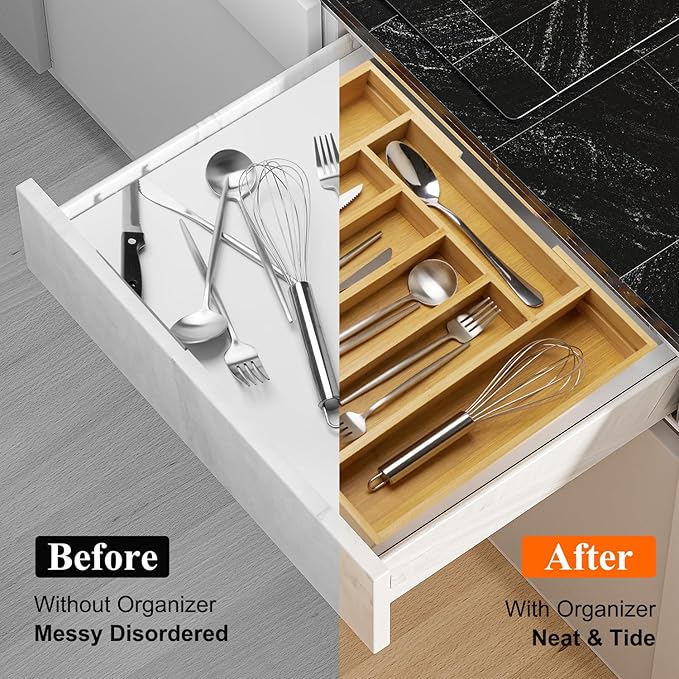 Bamboo Silverware Drawer Organizer Expandable Large Kitchen Utensil Holder Drawer Divider Organizers Storage Adjustable Cutlery Silverware Tray Wooden Spoon Holder Flatware Organizer Trays