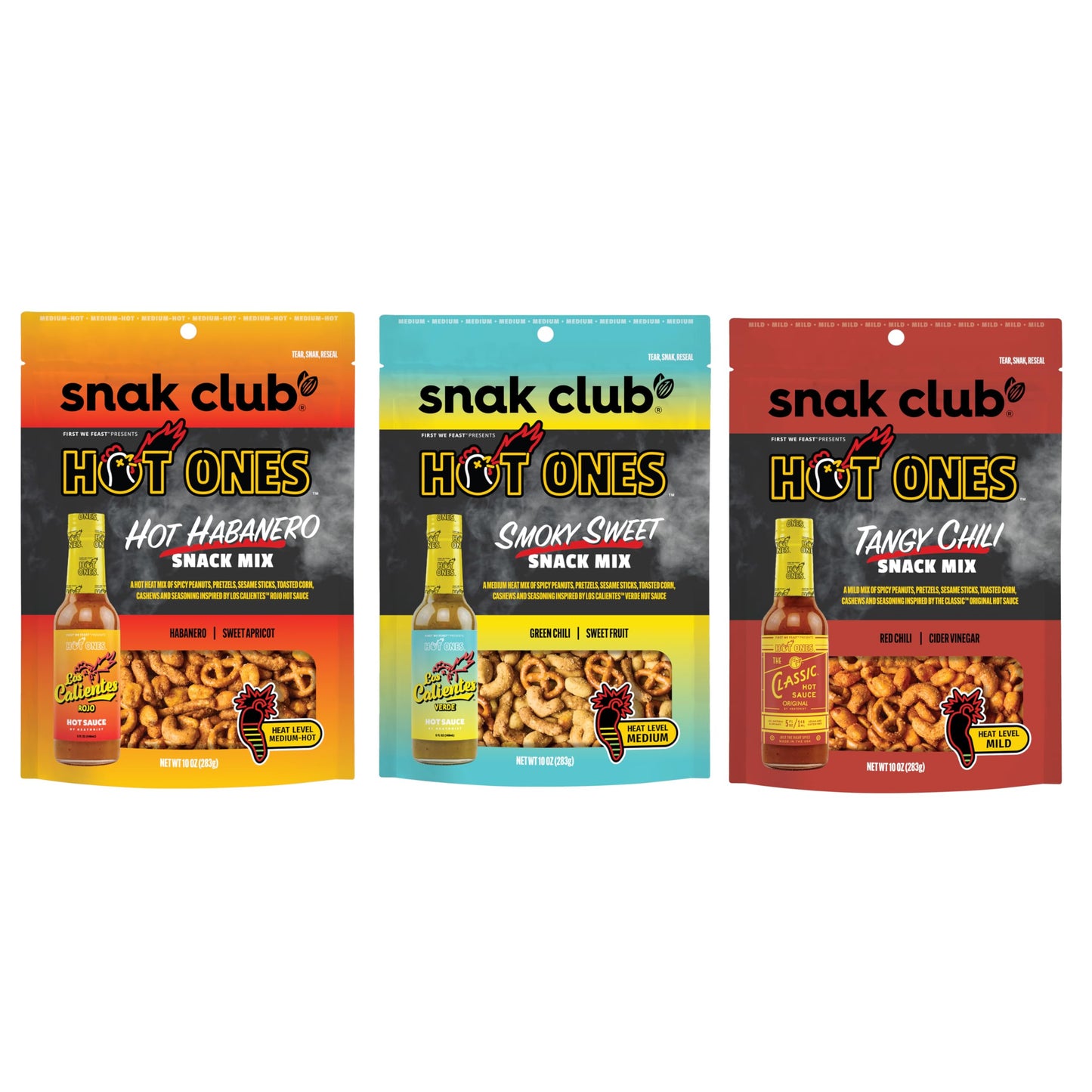 Snak Club x Hot Ones Snack Mix, Hot Habanero, Sweet Smoky, and Tangy Chili, Spicy Snacks with Peanuts, Pretzels, Sesame Sticks,