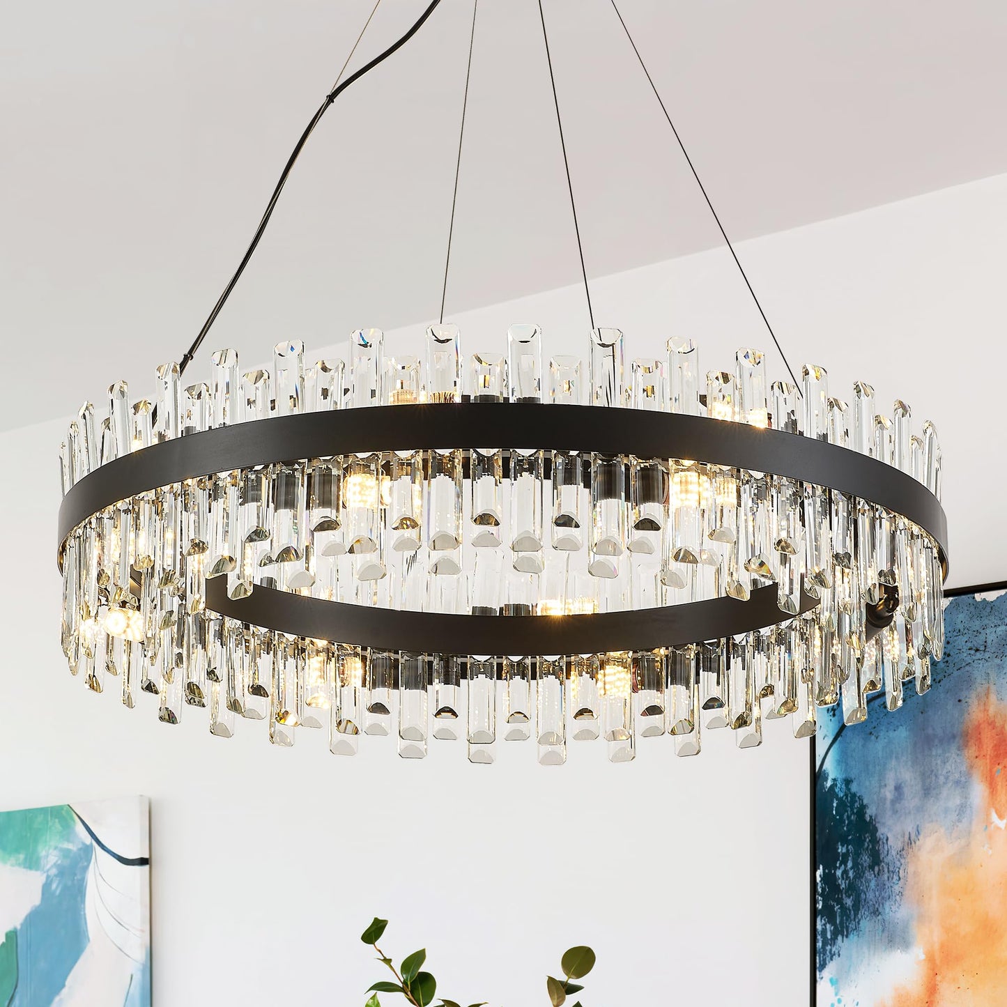 Lighceac 31.9 Black Modern Crystal Chandelier Light Fixtures stylish 2 Ring Crystal Chandeliers For Dining Room 16-Light Round Hanging Pendant Lighting For Living Room Kitchen Island Entryway Bedroom