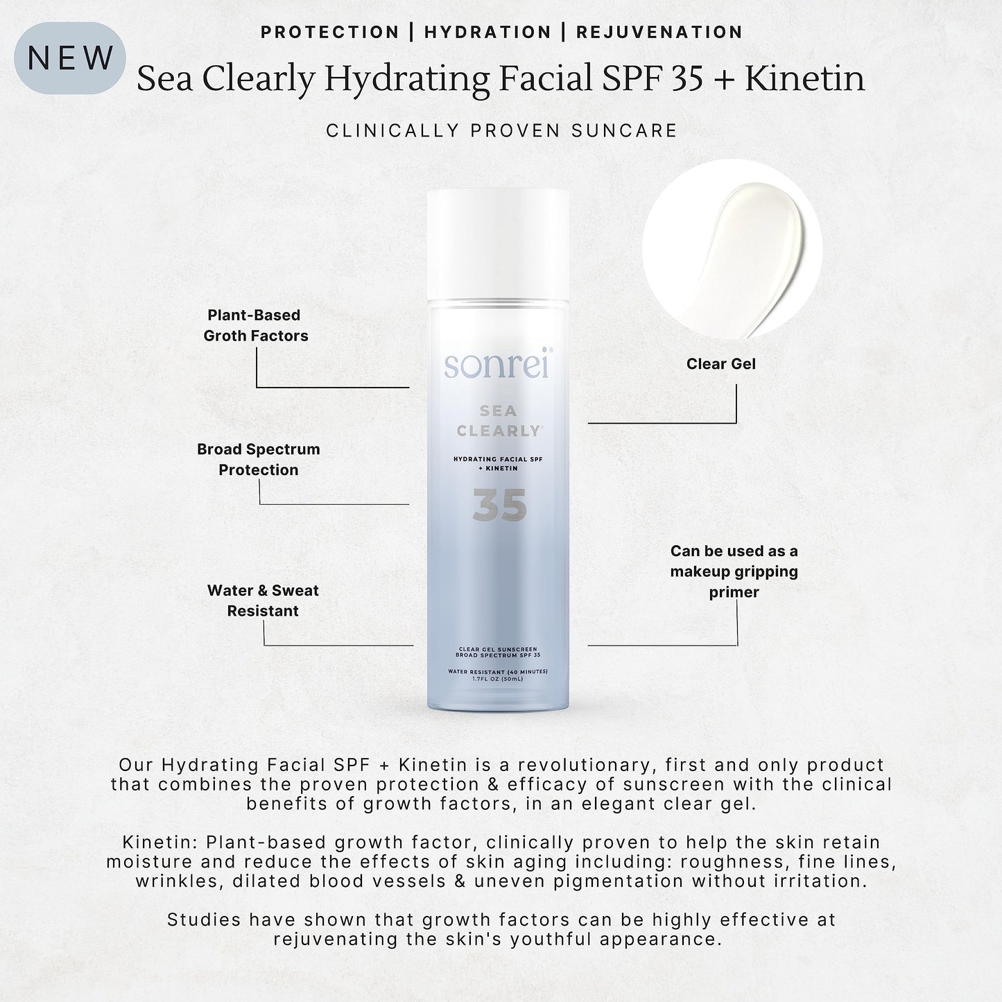 Sonrei Sea Clearly Hydrating Facial SPF 35 + Anti-aging Growth Factor Clear Sunscreen Gel & Primer | Broad Spectrum UV Protectio
