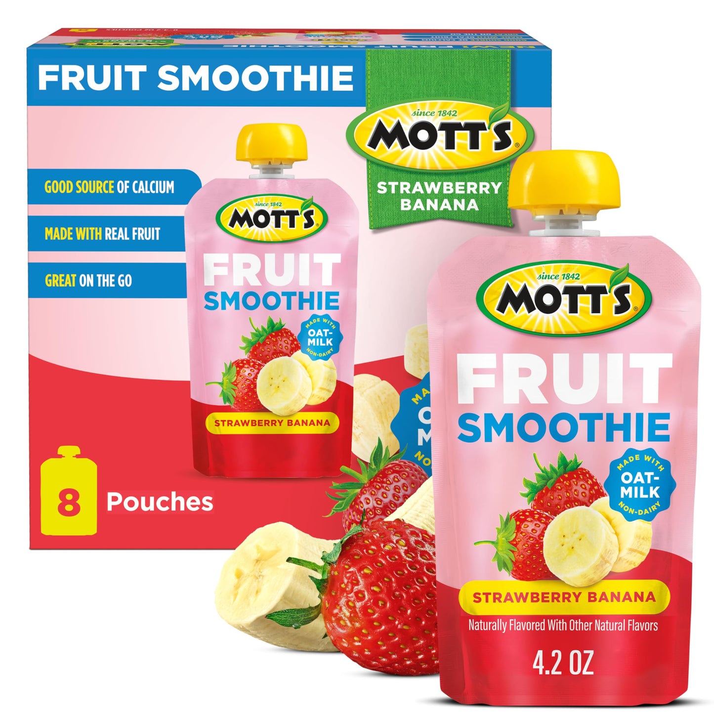 Motts Fruit Smoothies Strawberry Banana, 4.2 oz clear pouches, 8 Pack, Non-dairy, Made With Oatmilk, Made With Real Fruit, Good
