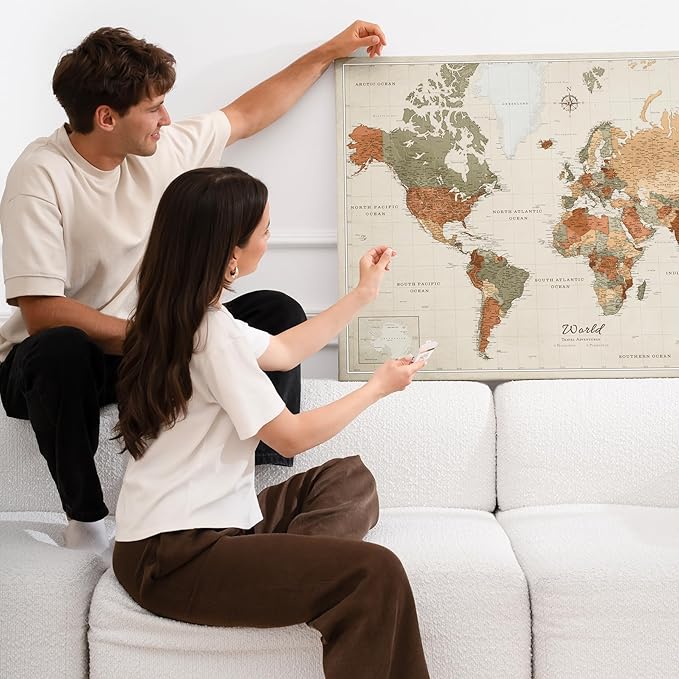 Canvas World Map with Cork Pin Board - English Lettering - Decorative Wall Decoration for All Rooms - Canvas Pictures with World Map Motif (150x100 cm, Pattern 2)