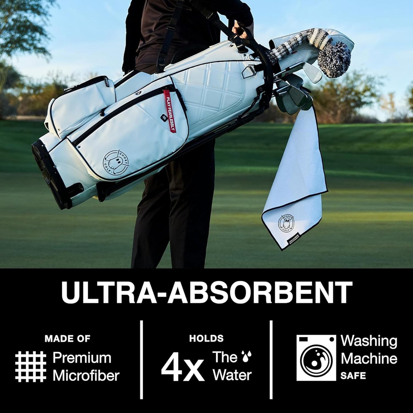 Ghost Golf Magnetic Towel (Greenside) - Premium Ultra-Absorbent Microfiber Golf Towel with Magnet for Golf Carts or Clubs - 18" x 18" Golfing Gear - Waffle Weave Pattern (White)
