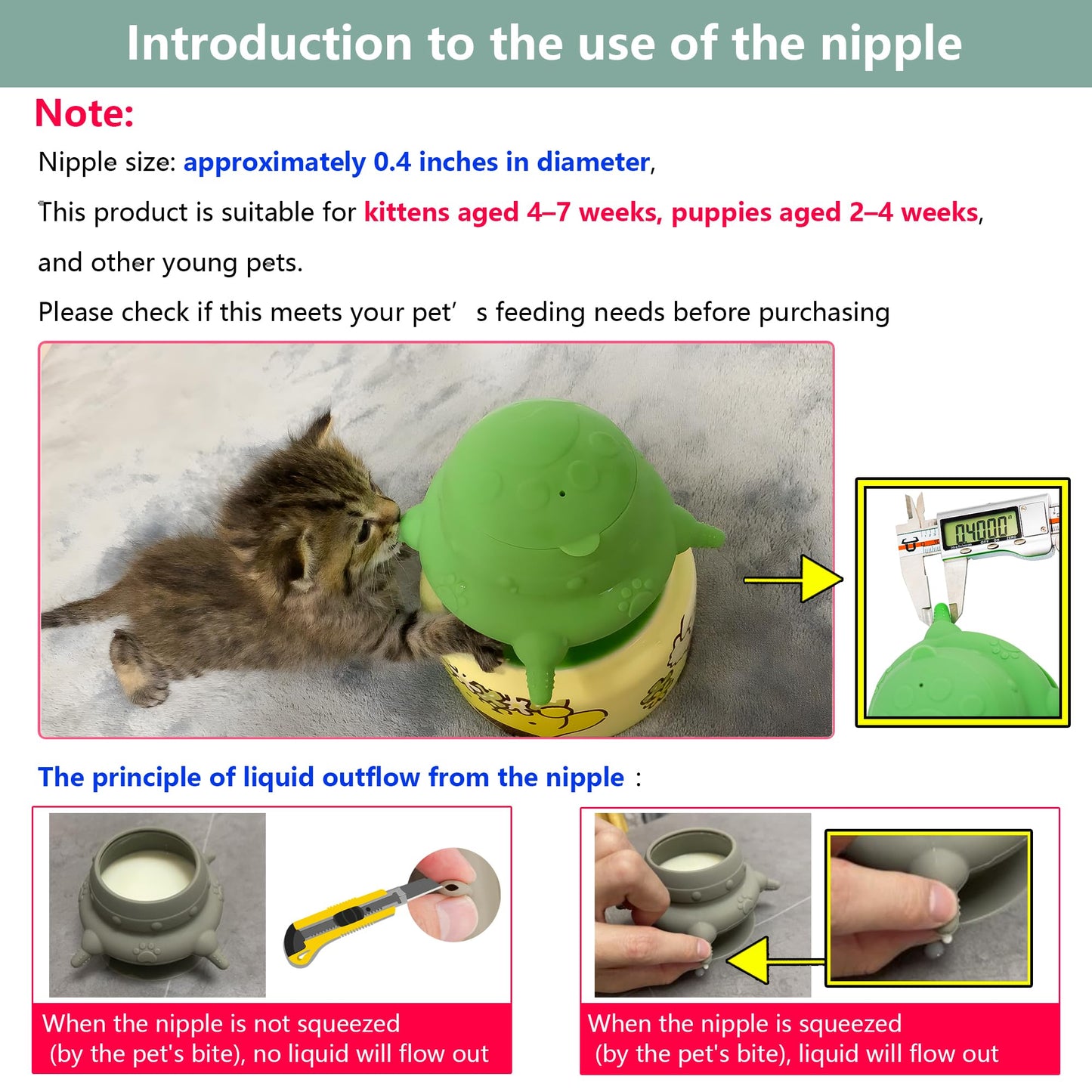 Newborn Puppy and Kitten Feeder, Milk Feeding Bowl - 4-Nipple Design for Easy Nursing of Small Pets,Green