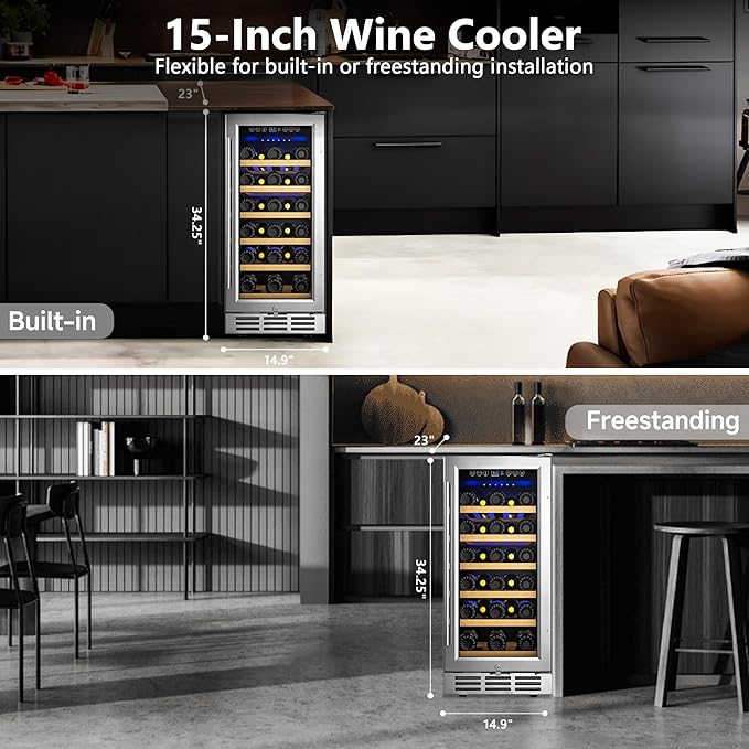 15 Inch Wine Cooler Refrigerator, 30 Bottle Wine Fridge with Removable Shelves, Wine Fridge Under Counter for Built-In or Freestanding, Wine Refrigerator with Double-Layer Glass Door, for Home, Office