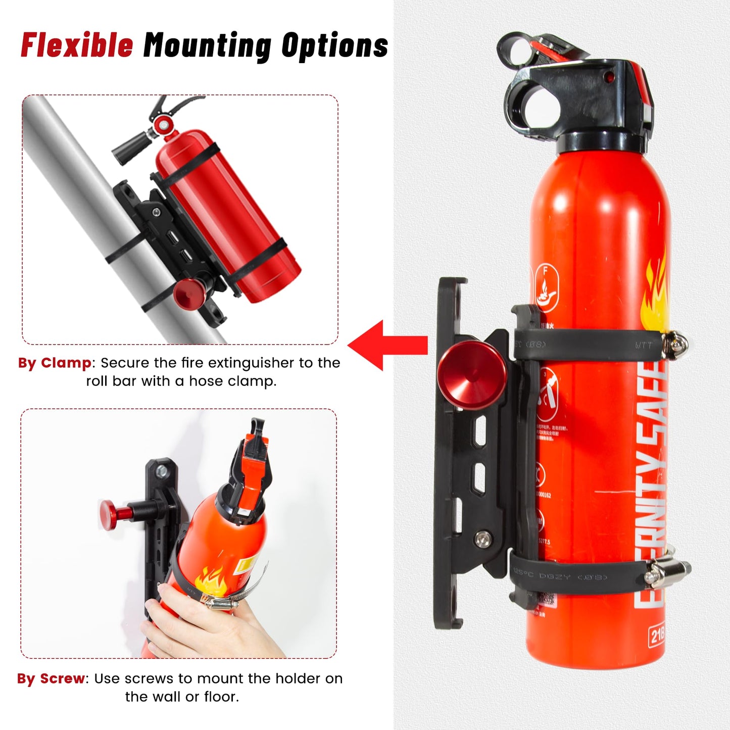 Quick Release Fire Extinguisher Mount - Universal Fit Roll Bar & Wall Mount Bracket, Holder Bracket Adjustable Mounting for UTV ATV Motorcycle Compatible with Jeep Wrangler Polaris RZR Ranger Can-Am