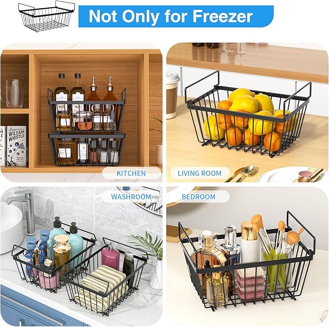 Freezer Organizers bins with Folding Handles,4 Pack Stackable Upright Freezer Organizers baskets for 5-7 Cu.Ft Deep Freezer Storage, Increased Space for Food Storage, Easy to access,Black