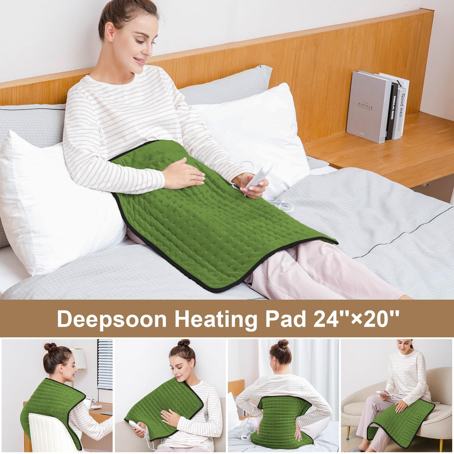 Deepsoon Heating Pad,Electric Heating Pads for Back,Neck,Abdomen,Moist Heating Pad for Shoulder,Knee,Arms,Legs,Dry/Moist Heat & Auto Shut Off,Christmas Gifts for Men and Women,Green Black,24x20 Inch