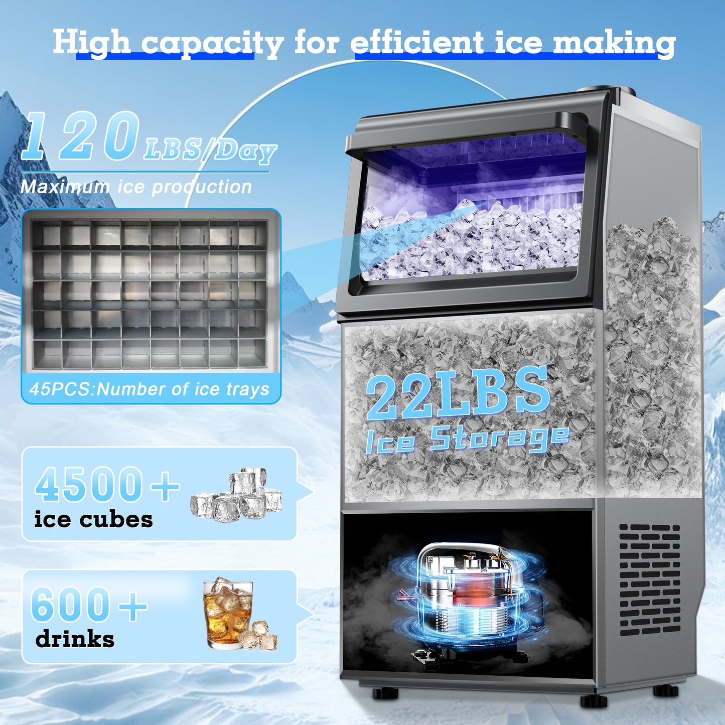 Commercial Ice Maker Machine 120lbs/24H with 22lbs Storage, Stainless Steel Freestanding Ice Machine 45Ice/Cycle 2 Water Inlet Modes, Self-Cleaning Function for Homes Bars Restaurants