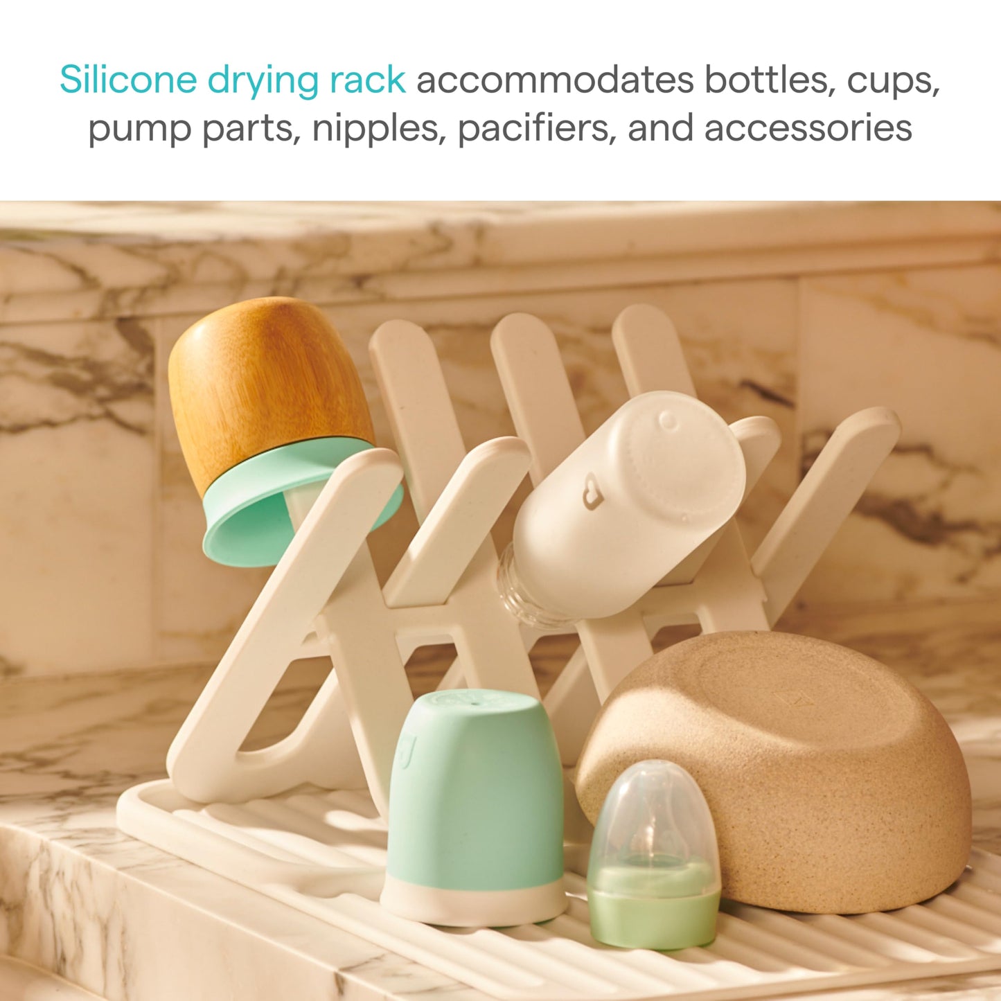 Munchkin Bottle Drying Rack and Mat, Holds 8 Bottles, Pump Parts, Pacifiers, & Accessories, Space Saving Folding Design, Home and Travel Use, Silicone, White