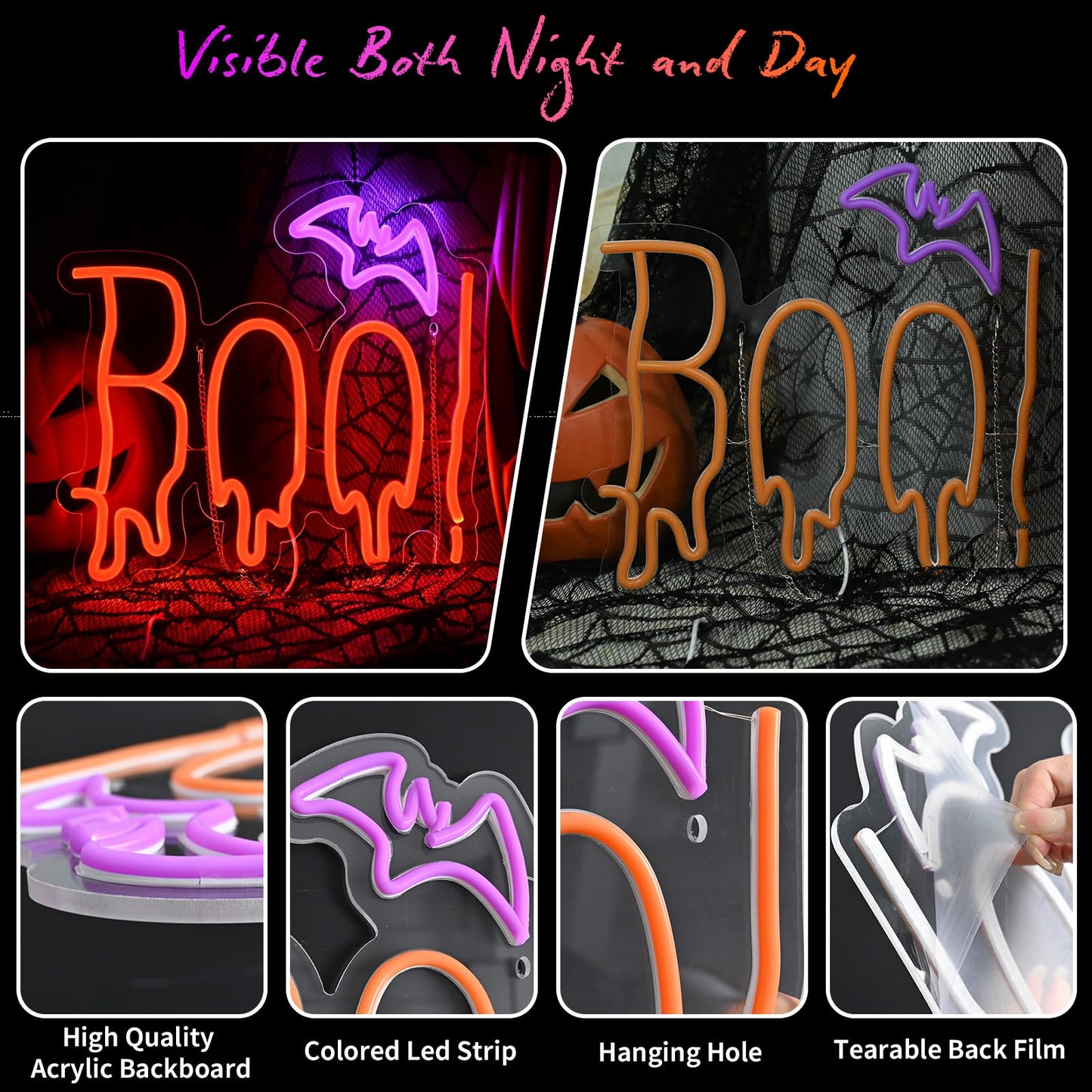 Lingqiang Halloween Neon Sign, Dimmable LED Light, Acrylic, Orange Purple BOO Design
