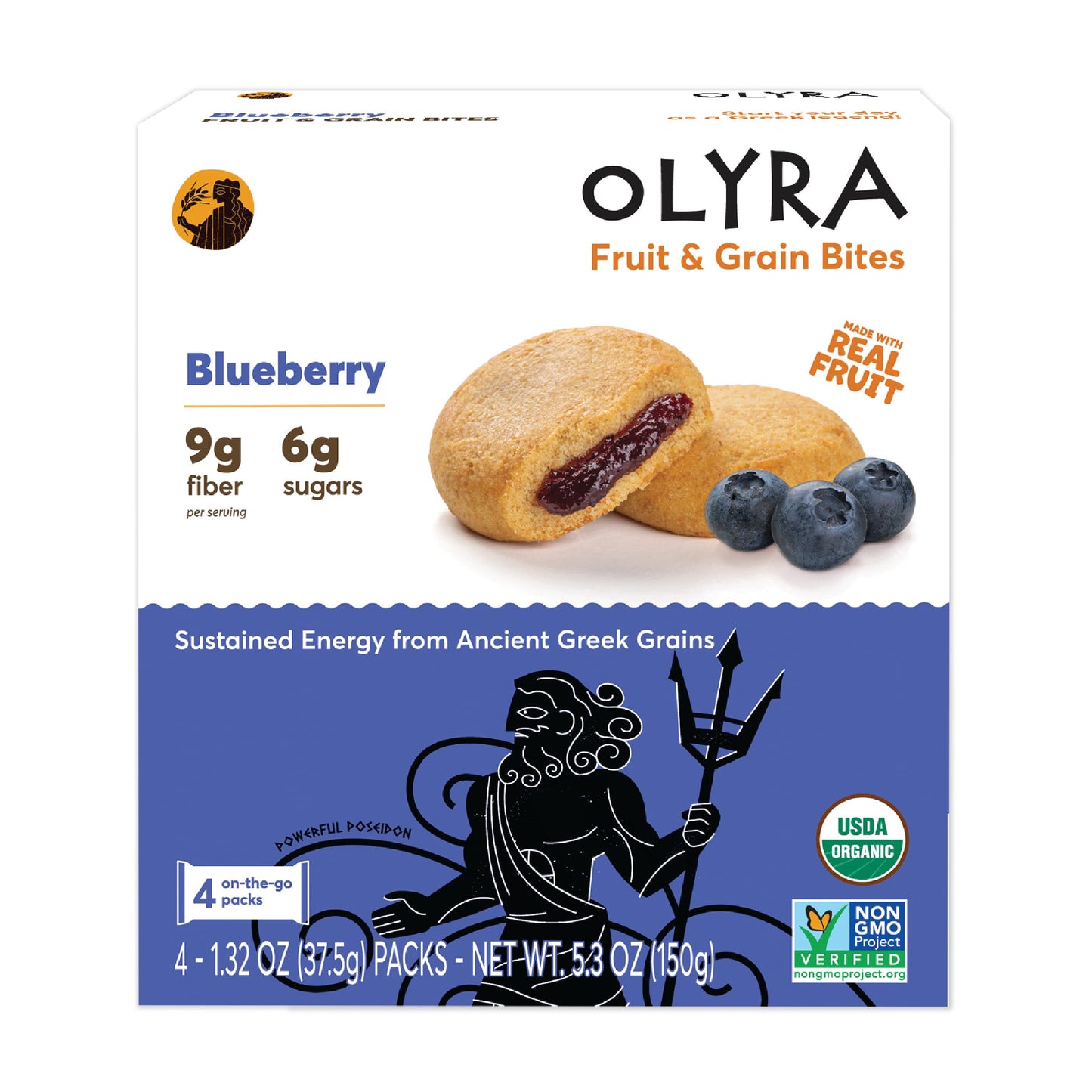 Olyra Blueberry Organic Fruit Bars Prebiotic High Fiber Snack Gut Health Fruit Filled & Whole Grain Bites Kids Healthy Snacks Low Sugar Vegan USDA Certified Organic Non GMO (Pack of 4)