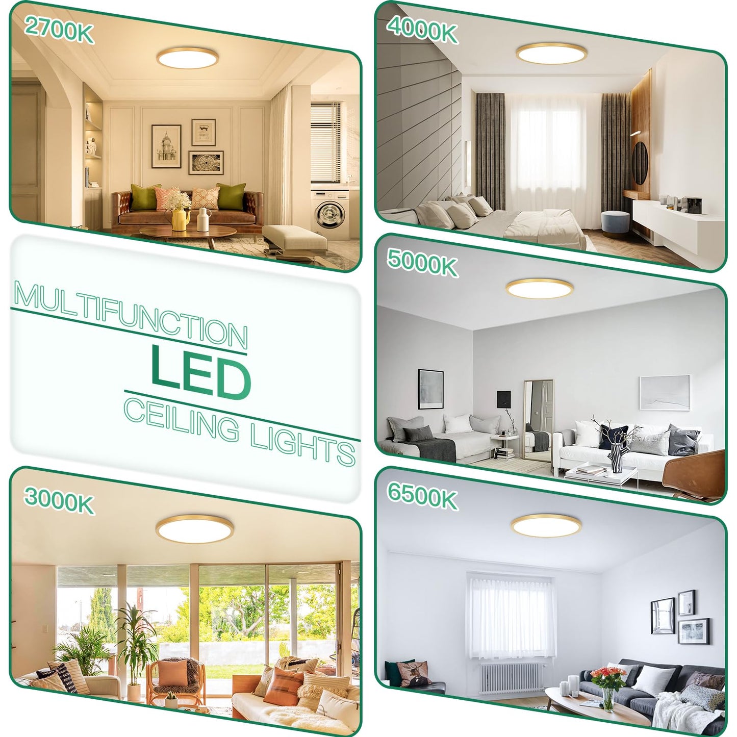 Brightever Gold Led Flush Mount Ceiling Light Fixture 12 Inch 24W Super Slim 0.67 Inch 3200Lm Led Ceiling Lights Dimmable & 2700K-6500K 5 Color In One Ceiling Lamp For Bedroom Porch 2 Packs