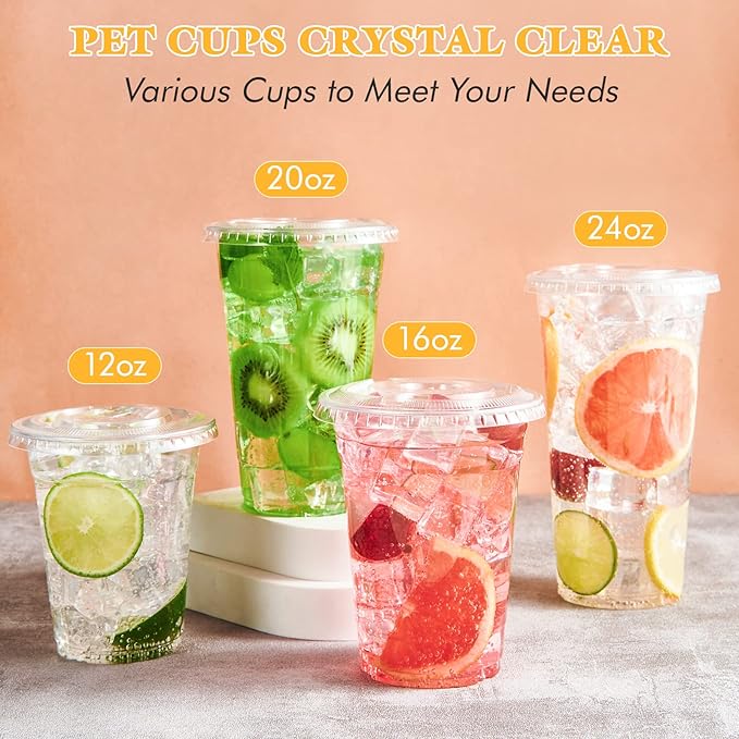 Vplus 140 Pack 24 OZ PET Clear Plastic Cups with Lids, 24 OZ Crystal Cold Disposable Drinking Plastic Cups with Flat Lids, Perfect for Ice Coffee, Smoothie, Juice