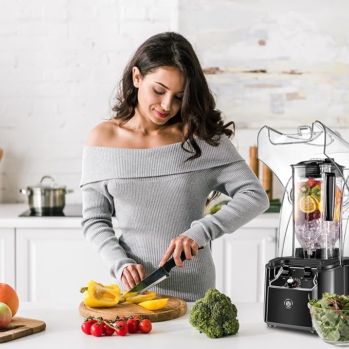 Commercial Blender for Smoothies 2200W With Soundproof Cover, 2200 ML, 15 Speeds, 6-leaves Stainless Steel Blade,Heavy Duty Blender for Restaurant, Smoothie,Ice Crush,Shakes, 9.5"D x 9"W x 19.7"H