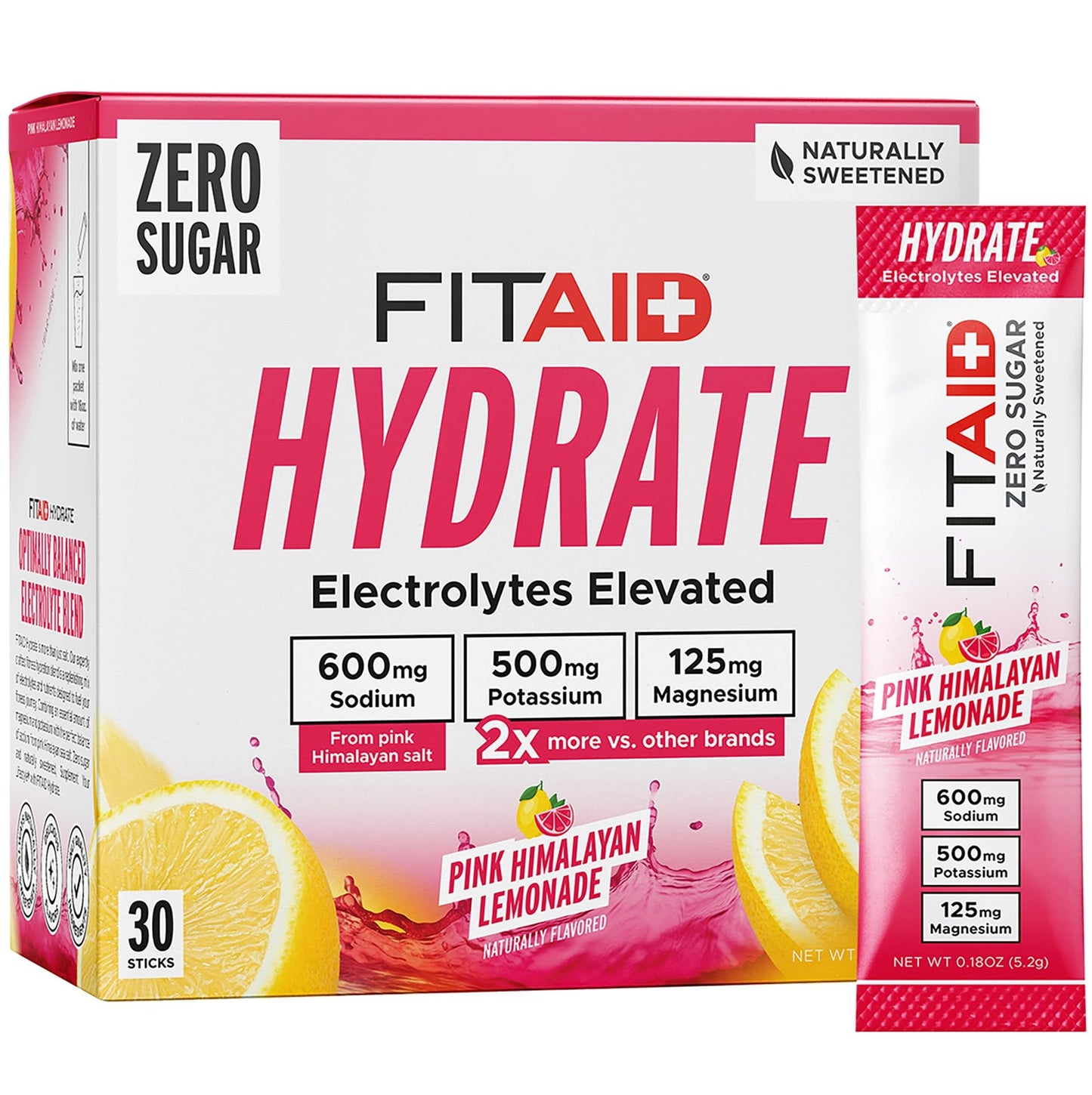 FITAID Hydrate Clean Electrolyte Mix Zero Sugar Balanced Electrolyte Ratios: 600mg Sodium 500mg Potassium 125mg Magnesium Pink Lemonade for Exercise & Active Hydration 30 Sticks