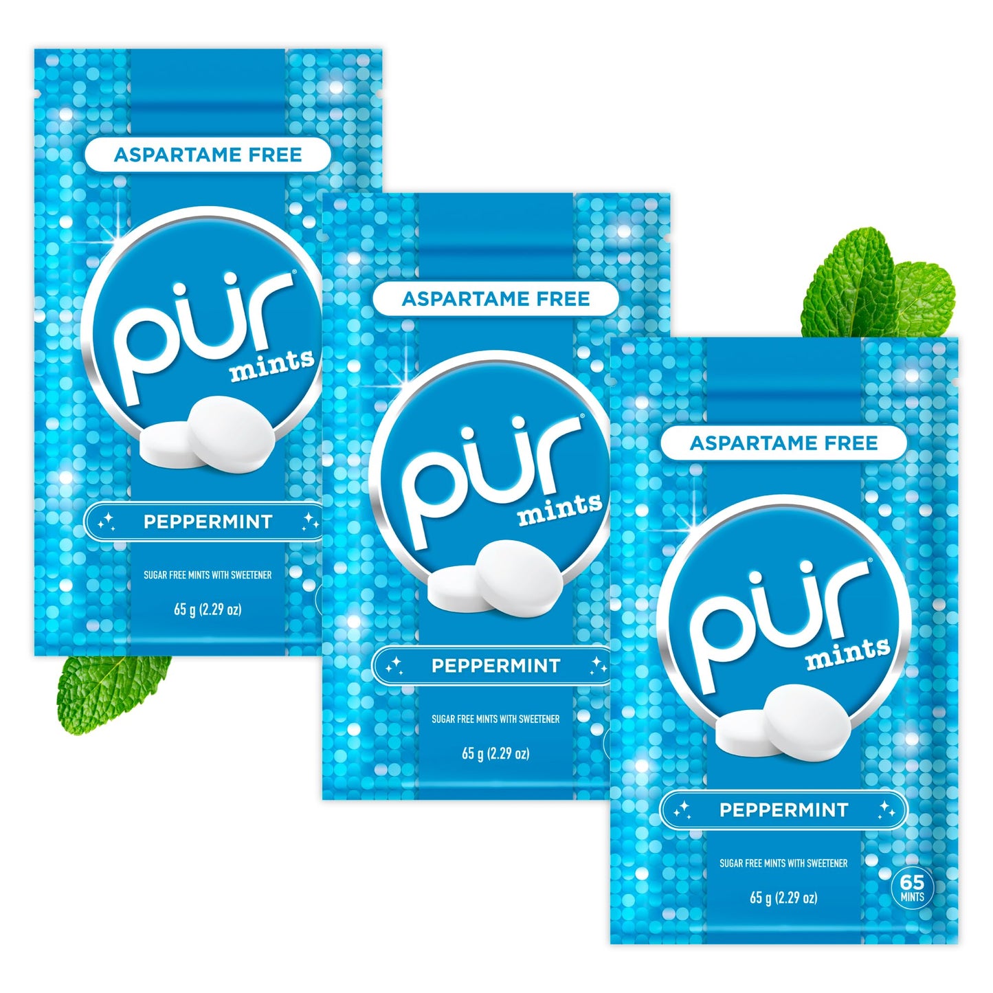 PUR Mints | Aspartame Free Breath Mints | Made with Xylitol | Sugar Free Vegan Gluten Free | Natural Peppermint Flavor | 65 Pieces in Re-Sealable pouch (Pack of 3)