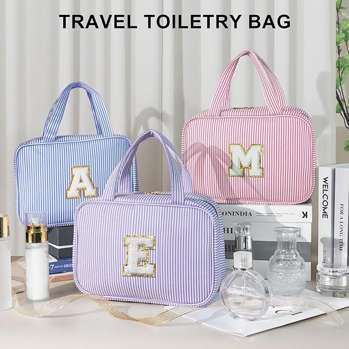 TOPEAST Initial Makeup Bag - Travel Toiletry Bag for Women, Personalized Birthday Gifts for Women Teen Girls Sister Daughter, Travel Toiletry Bag Monogramme Makeup Bag - Letter M, Blue