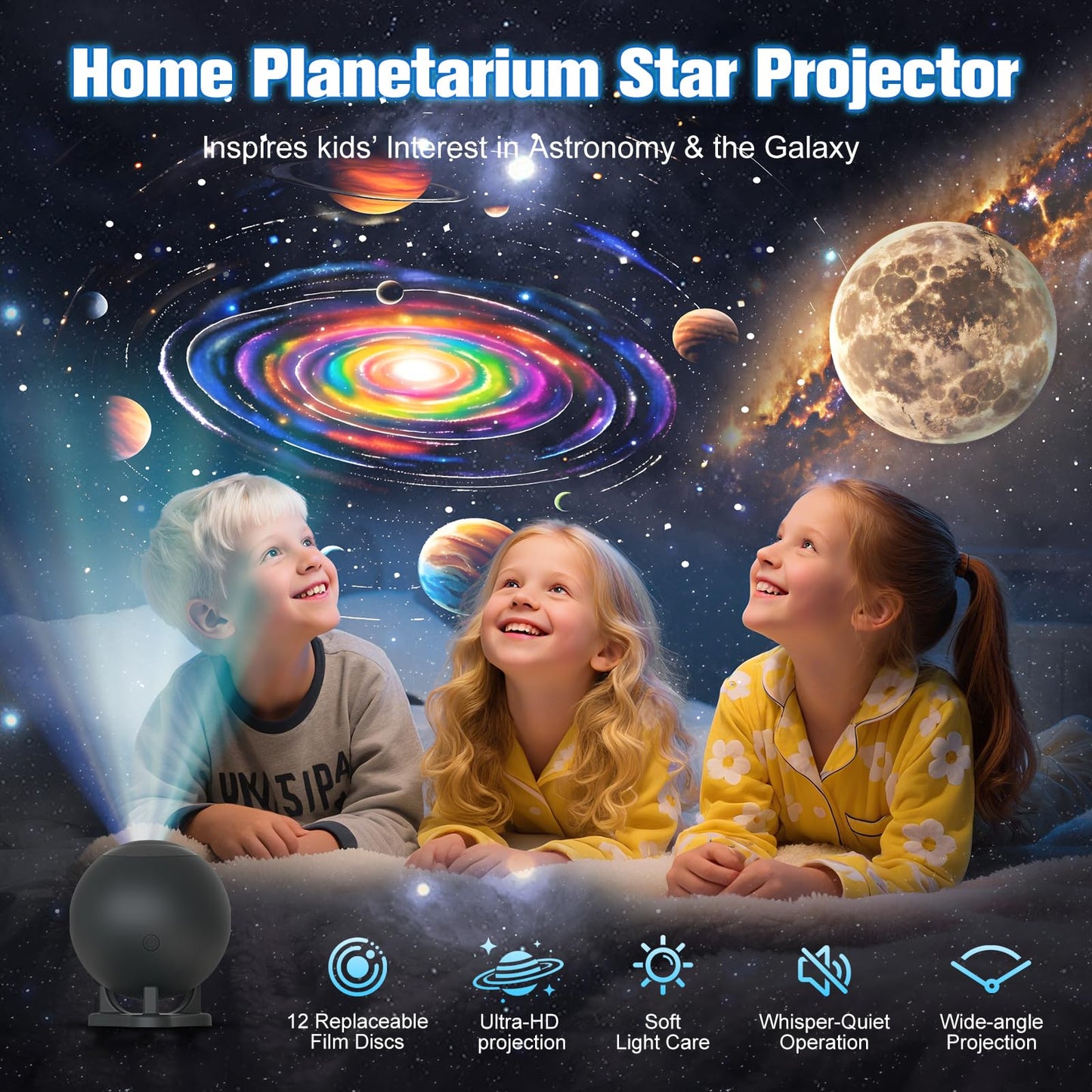 FSSQBFLC tarium Projector - Galaxy Projector Star Night Light, LED, Black, Model HT-B01, 12 Image Discs for Kids & mature-themeds Room Decor