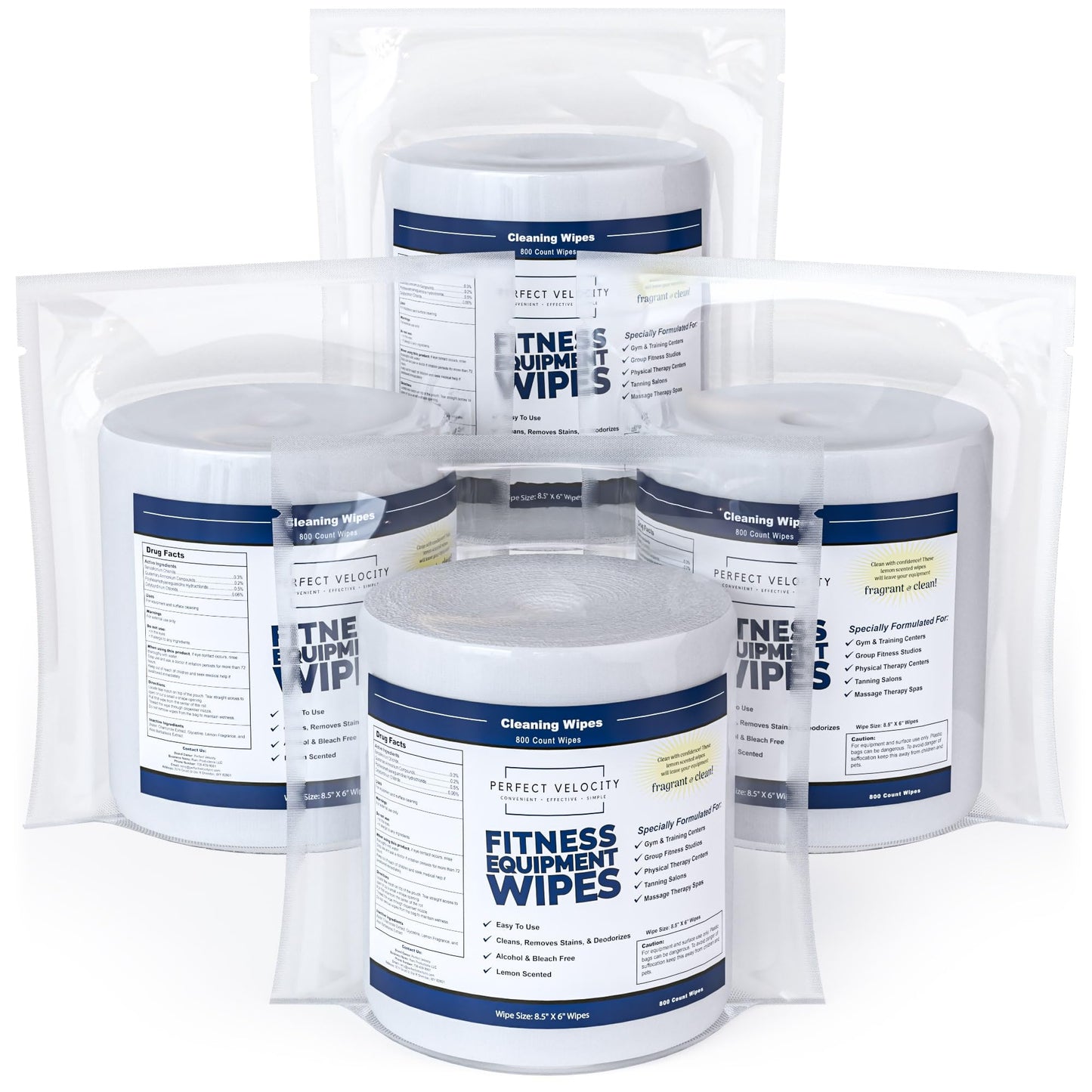 Perfect Velocity Fitness Gym Equipment Wipes - 4 Rolls of 800 Pre-Moistened Cleaning Refill Wet Wipes - For Upwards and Downwards Dispensers