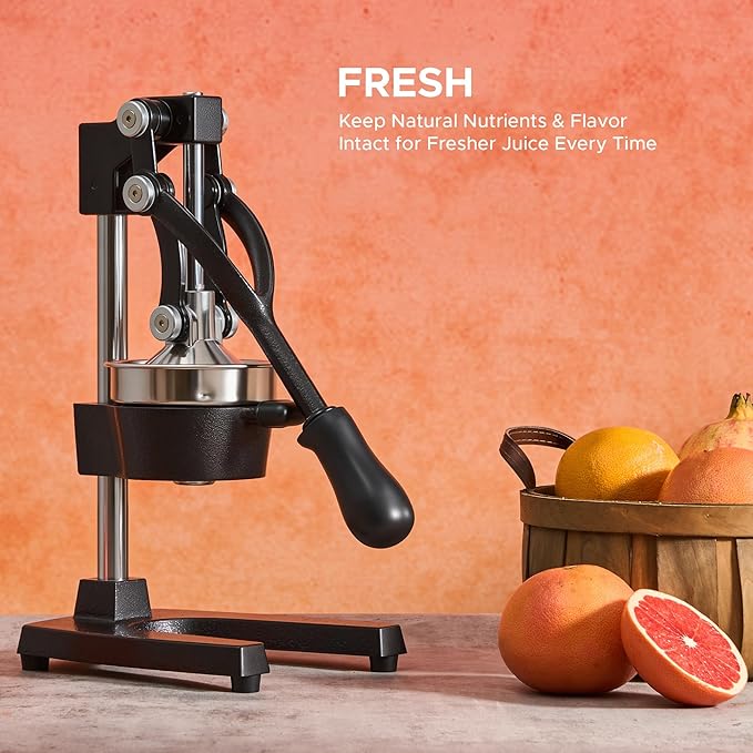 CO-Z Manual Citrus Juicer, Commercial Grade Cast Iron Orange Juicer, Professional Heavy Duty Juice Press with Removable Strainer, Manual Juice Extractor for Orange Lemon Pomegranate Citrus, Black