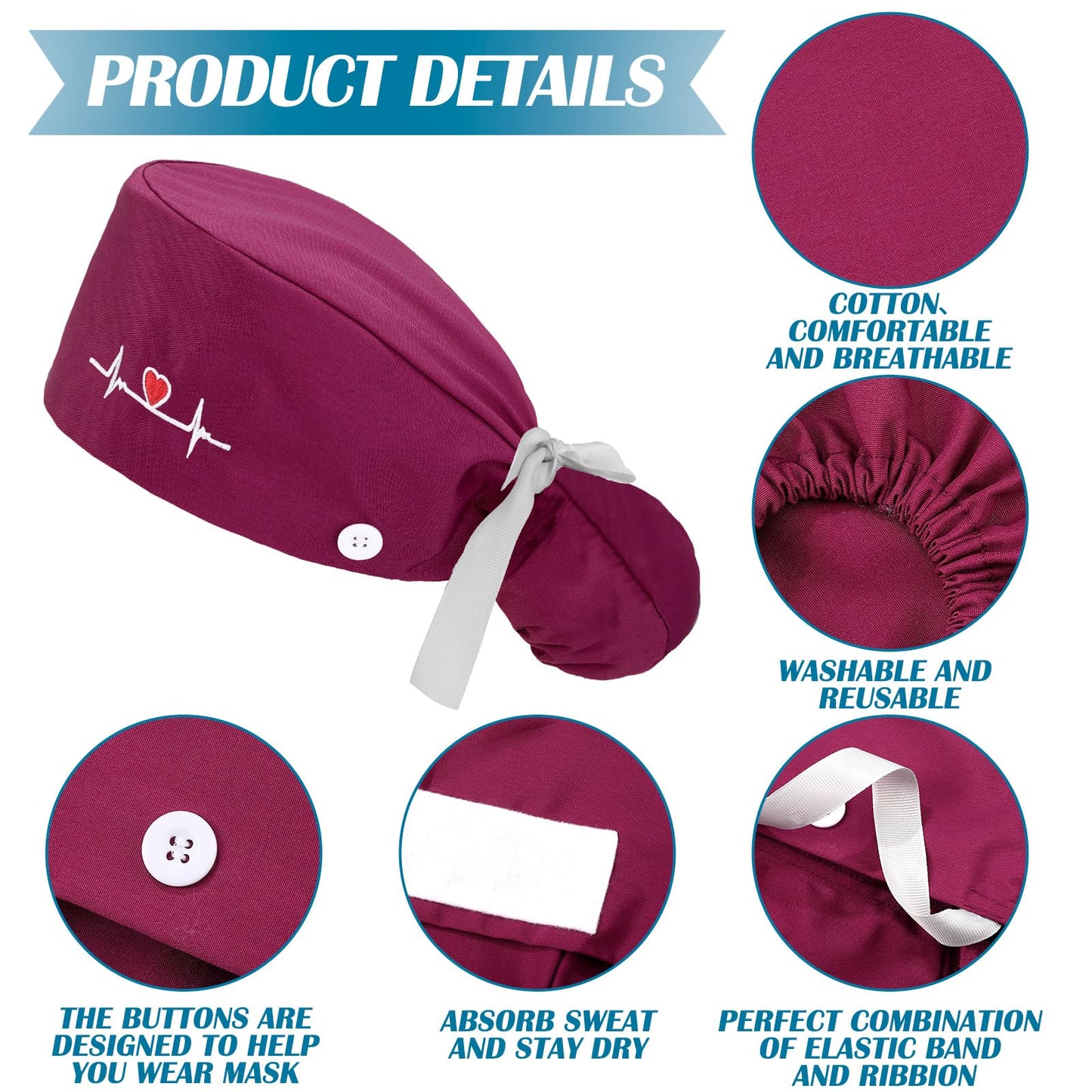 Honoson 6 Pcs Scrub Caps Women Nursing Hats with Buttons Adjustable Bouffant Nurse Hats Ponytail Holder Bouffant Turban(Classic Patterns)