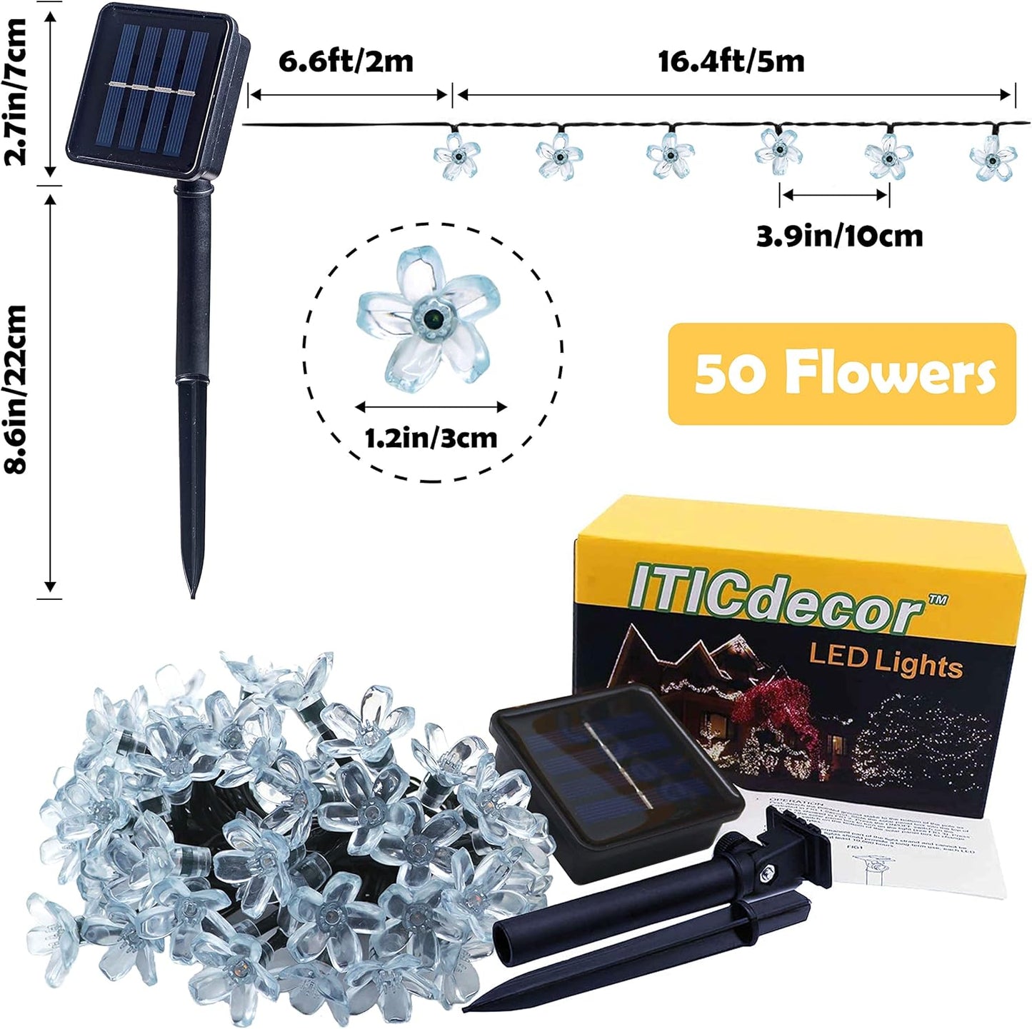 ITICdecor Solar String Flower Lights Outdoor Waterproof 50 LED Fairy Light Decorations for Garden Fence Patio Yard Christmas Tree, Lawn, Party (Multi-Colored)