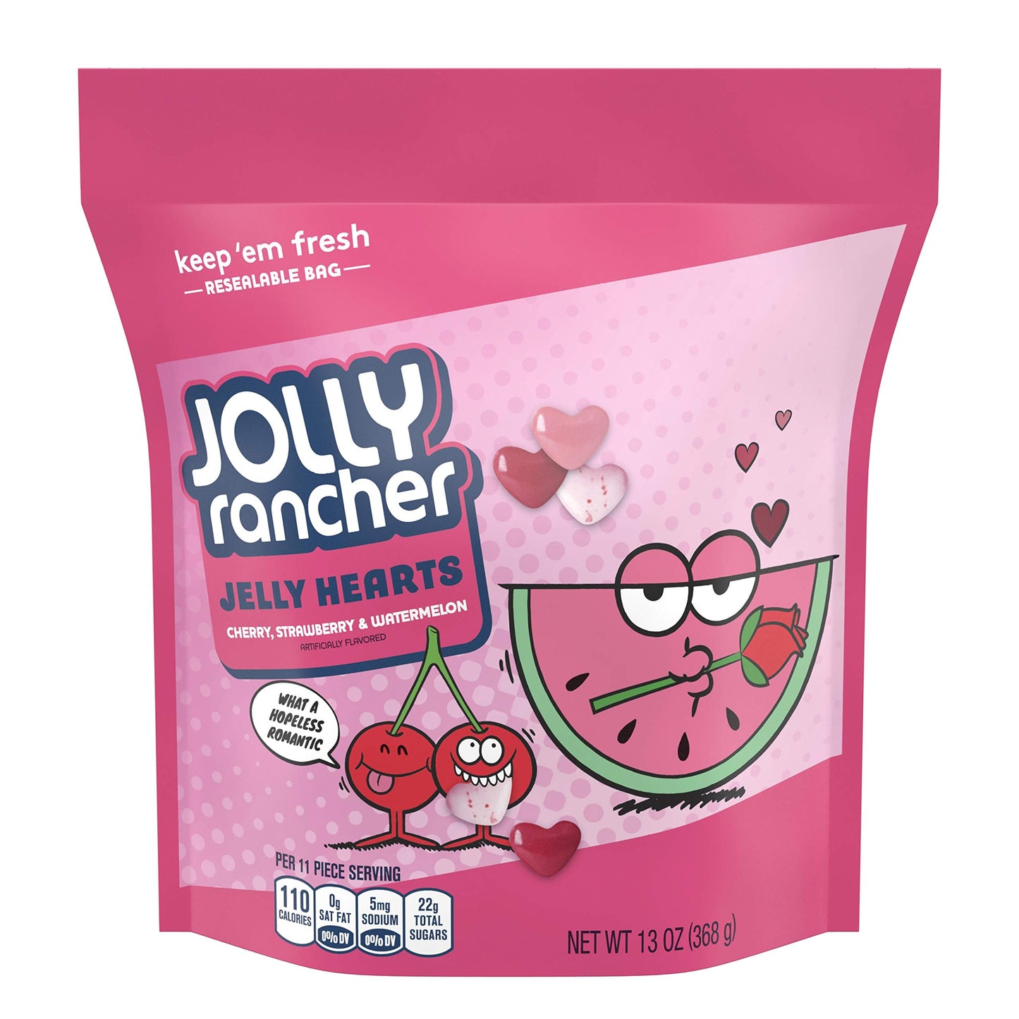 Jolly Rancher (1) Bag Jelly Hearts Valentines Day Candy - Cherry, Strawberry & Watermelon Flavored - Resealable 13 oz Bag