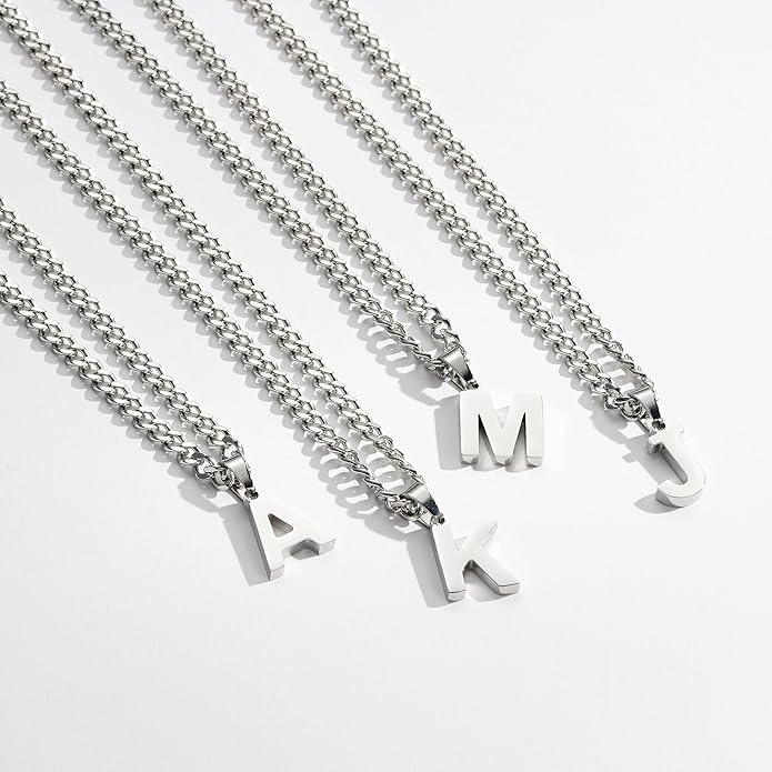 P. BLAKE Layered Initial A-Z Pendant Necklaces Gifts for Boys Men, Stainless Steel Letter Cuban Link Herringbone Chain Valentines Fashion Jewelry Gifts for Him
