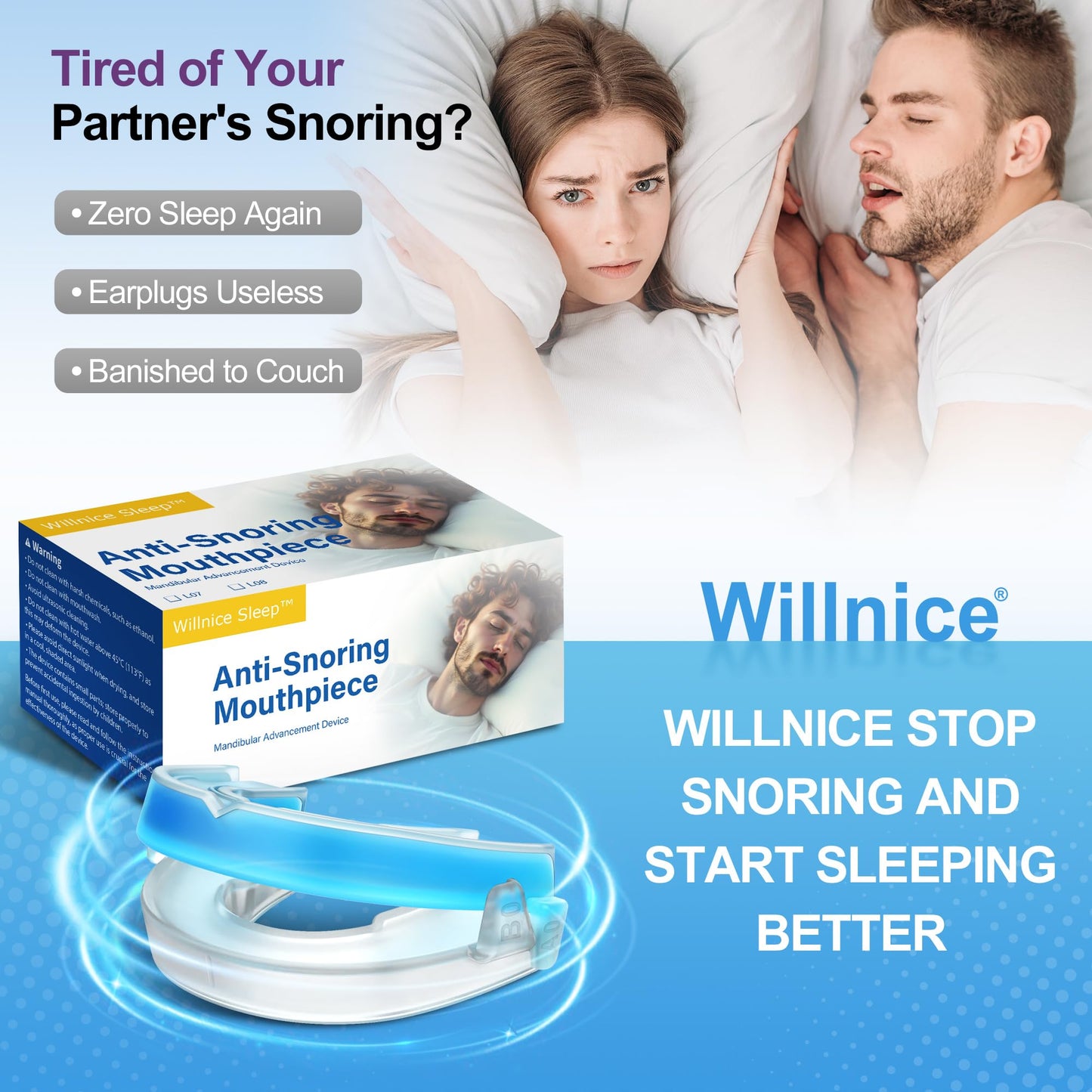 Willnice Anti Snoring Mouth Guard for Sleeping, Mandibular Advancement Device, Snoring Solution for Men and Women, Reusable & Adjustable Mouthpiece for Quiet Nights, Home & Travel Use, Blue (L08)