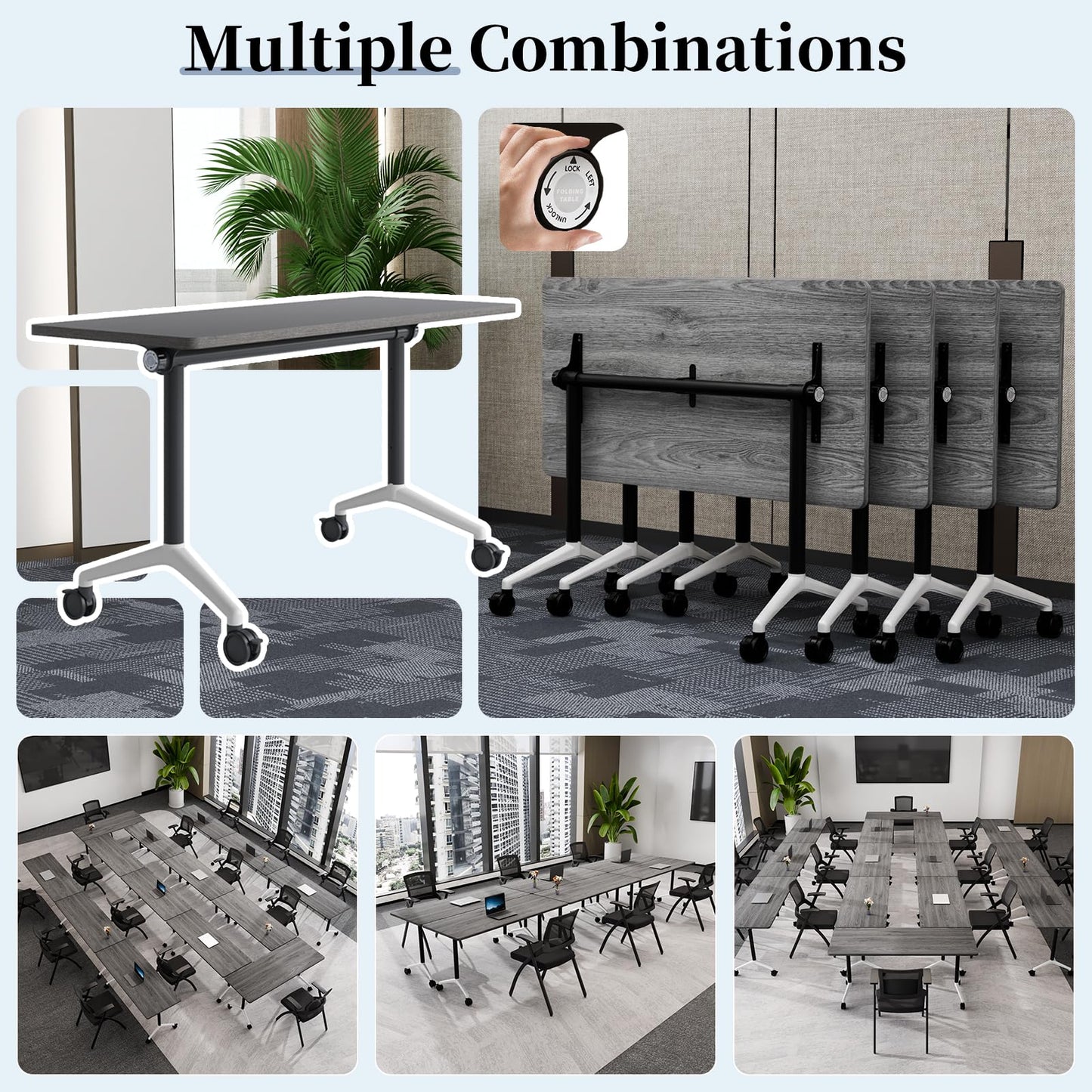 Modular Folding Conference Table with Wheels,8 Pack Mobile Conference Room Tables,Filp Top Rolling Meeting Training Tables for Office,Classroom,Library,Seminar,Boardroom,school(8pack,Grey,47in)
