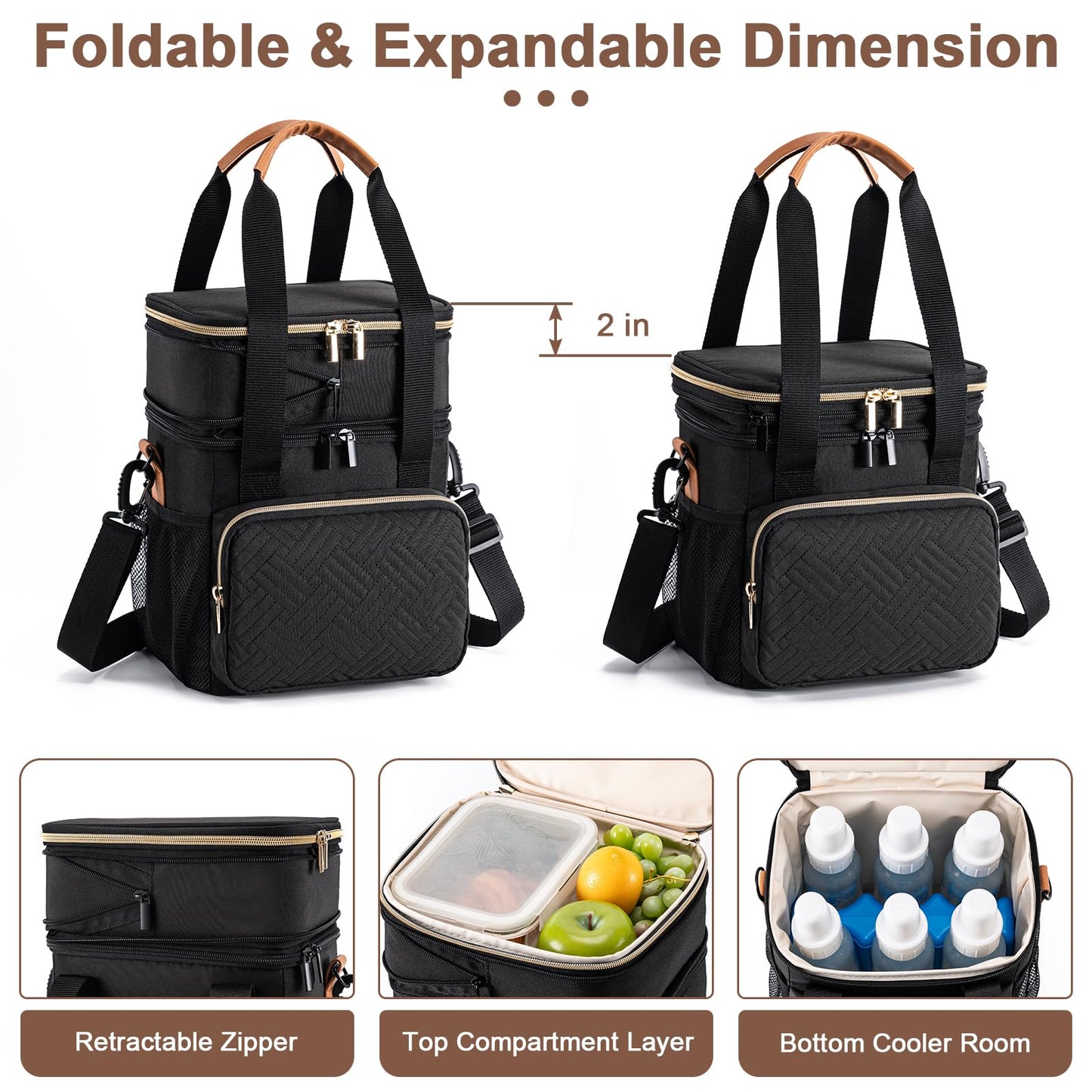 BABEYER Breastmilk Cooler Bag with Ice Pack Fits 6 Baby Bottles Up to 9 Ounce, Expandable Double-Layer Leak-Proof Cooler Bag with Shoulder Strap for Nursing & Working Mom, Black
