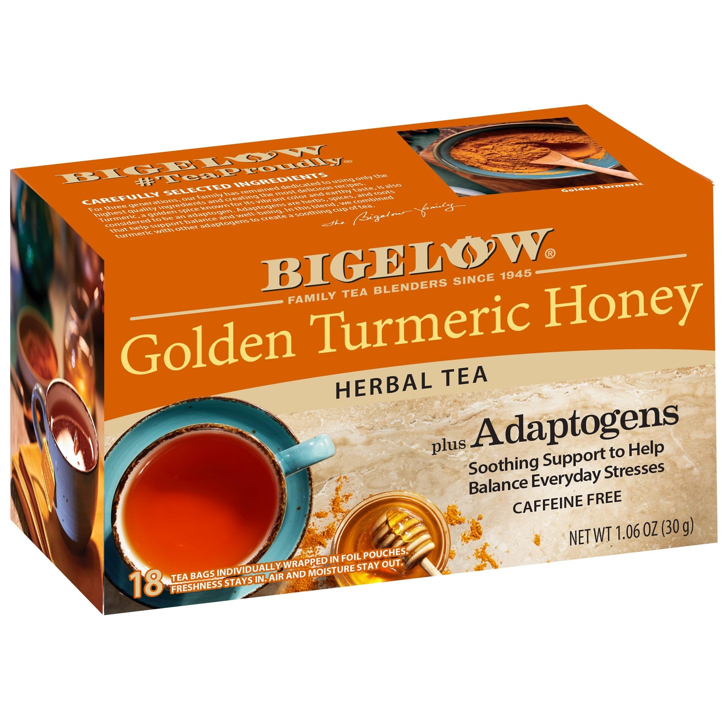 Bigelow Tea Golden Turmeric Honey plus Adaptogens 18 Count (Pack of 6) 108 Total Tea Bags