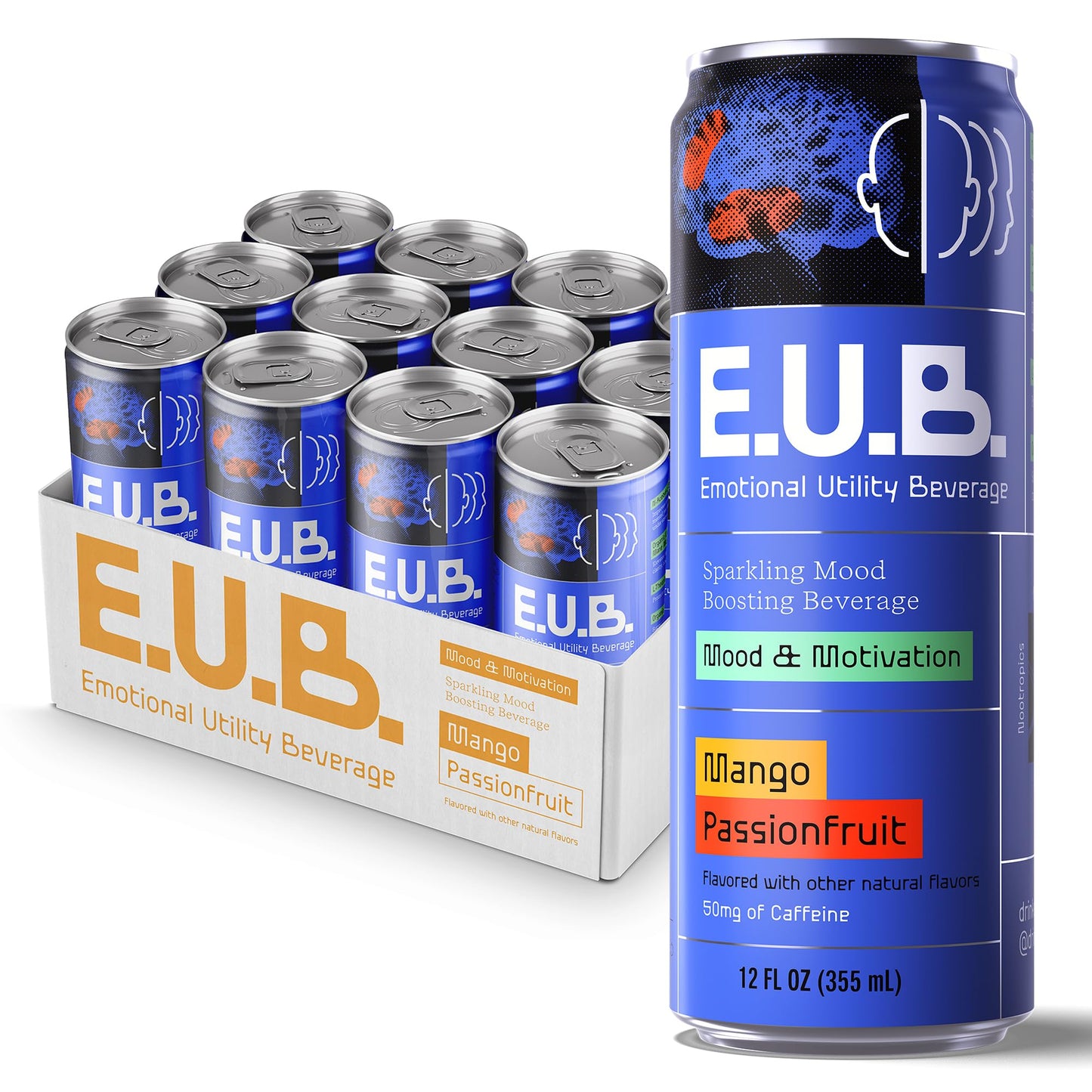 E.U.B. Mango Passionfruit Sparkling Functional Beverage 12oz Can 50mg Caffeine 25 Calories with Nootropics & Adaptogens for Mood & Energy Support