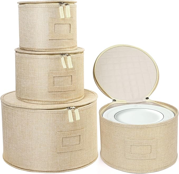 LotFancy China Storage Containers, Hard Shell, 4PCS Set, Dish Storage Box for Moving, Stackable Dinnerware Plate Organizer Bins with 48 Felt Dividers, Grey