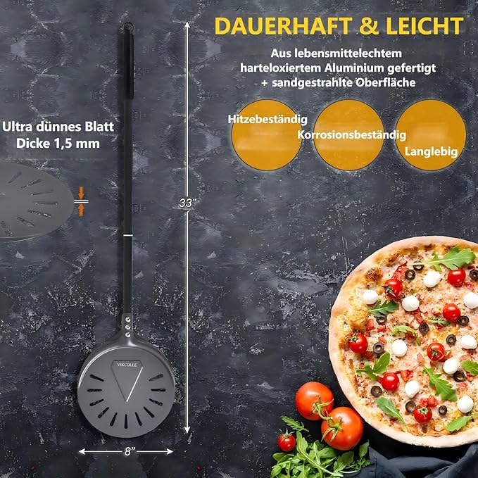 Turning Pizza Peel, 8 Inch with 25 Inch Handle Round Pizza Turning Peel, Professional Anodized Aluminum Turning Pizza Spatula, 33 Inch overall