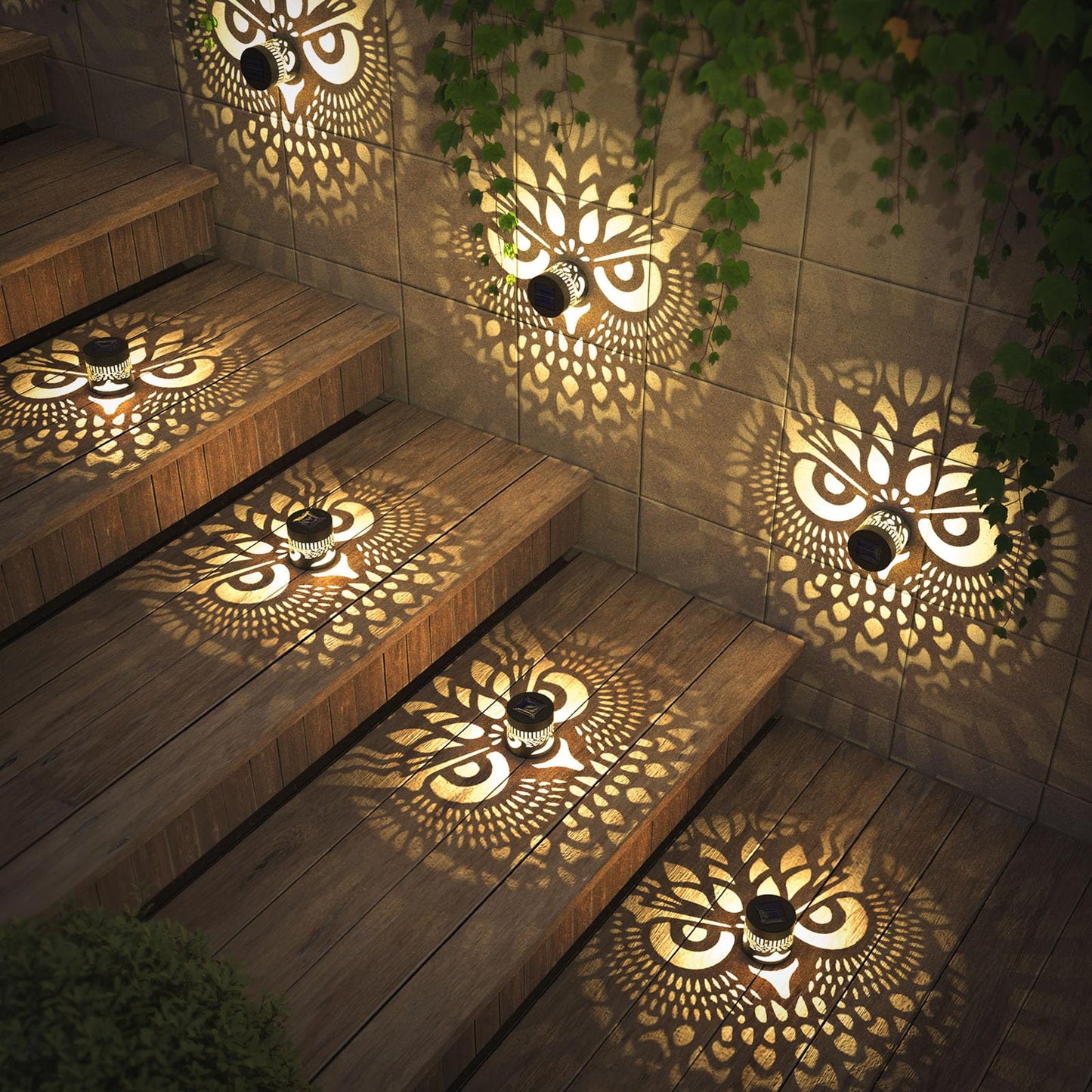 Gardencave Solar Fence Lights 4 Pack Owl Theme Waterproof Outdoor Wall Deck Step Lights for Garden Patio Yard Decor