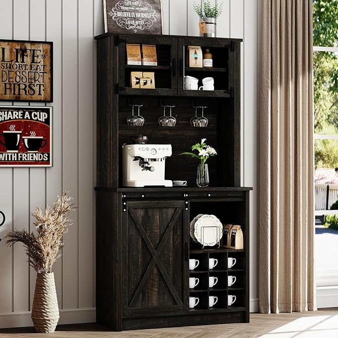4ever2buy Farmhouse Coffee Bar Cabinet with Sliding Barn Door, 72" Hutch Coffee Bar with Storage, Large Kitchen Buffet Cabinet with Hutch, Tall Bar Cabinet Table for Living Dining Room, Oak