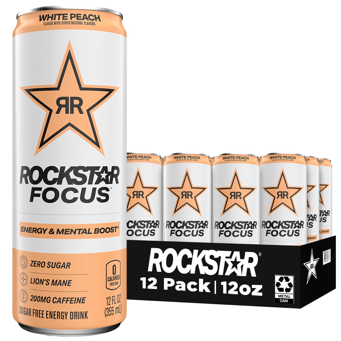 Rockstar Focus White Peach 12 Fl Oz Cans (Pack of 12