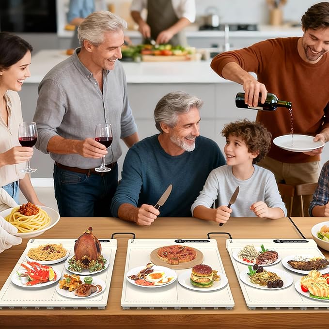 Warming Mats for Food Countertop, Roll-UP 2 Pack Fast Heating Tray Silicone with 7 Level Temperature, 2 Zone and 3 Pad Parallel Expandable, Automatic On-Off Timer Setting (beige-2 pcs, wcb2)