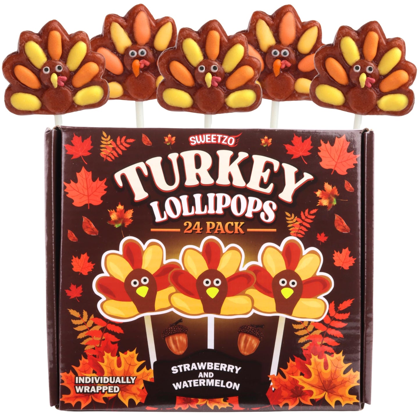 Turkey Lollipops Individually Wrapped Thanksgiving and Fall Themed Candy Strawberry and Watermelon Flavored 24 Suckers