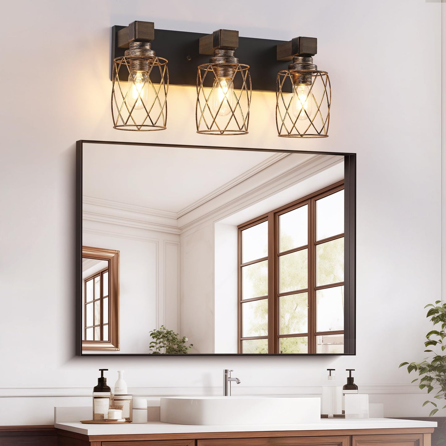 Farmhouse Bathroom Vanity Light 3-Light Wood Bathroom Light Fixtures Over Mirror Black And Gold Industrial Vanity Lights With Metal Shade Rustic Bathrooms Lighting For Living Room Bedroom Hallway