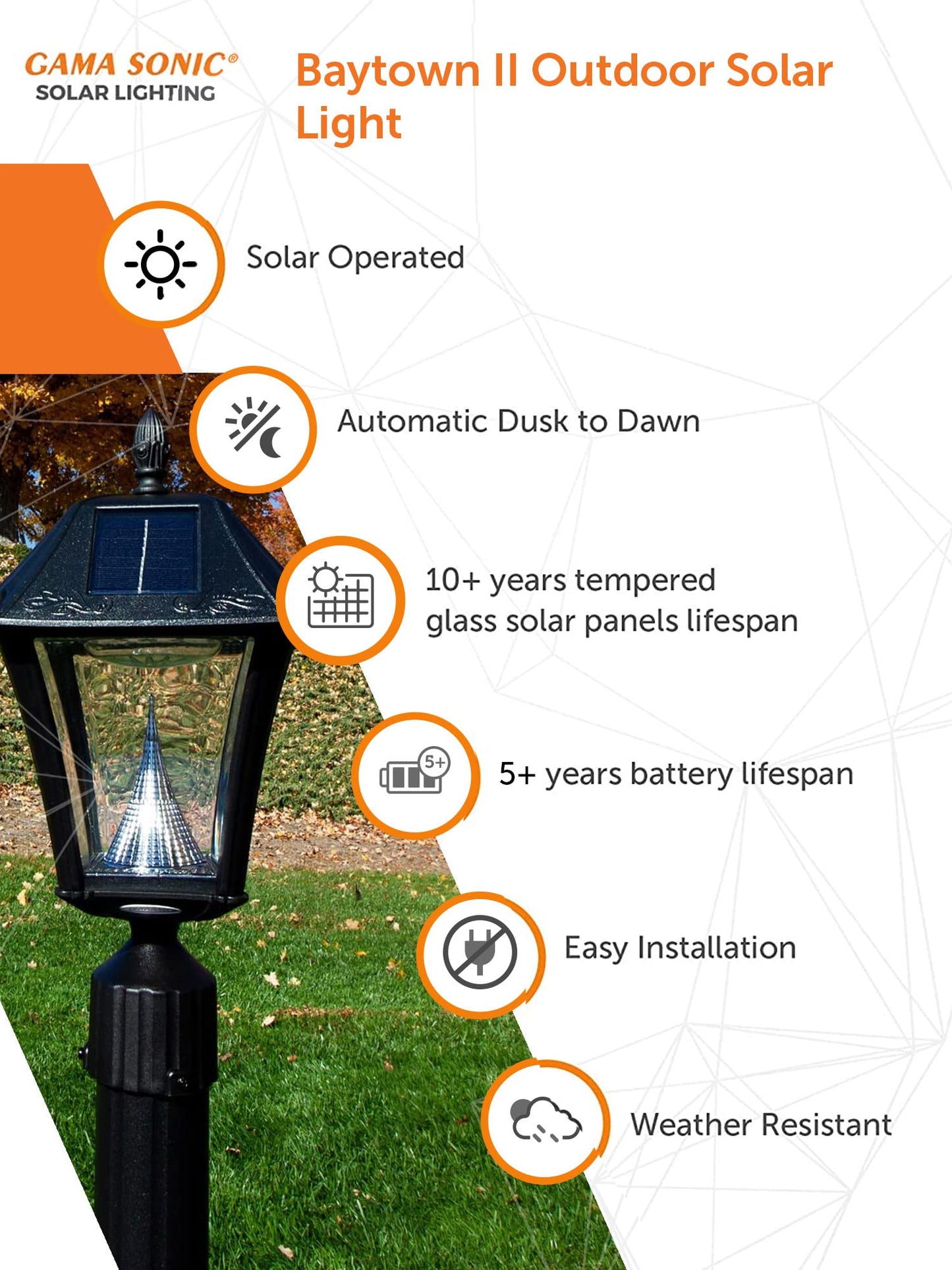 Gama Sonic Baytown II Outdoor Solar Light, Bright White LED, Lamp Only, Model GS-105FPW-BW, Black