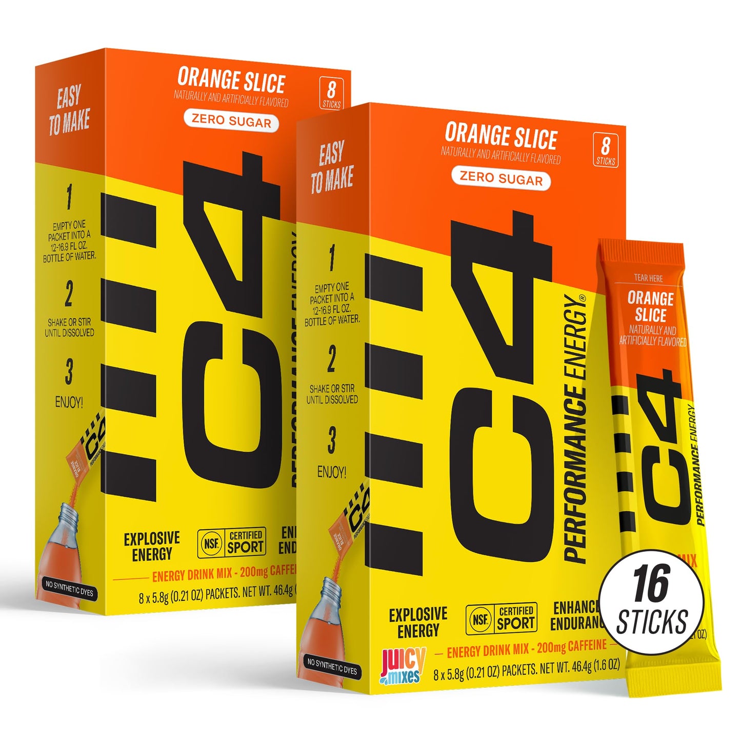 C4 Performance Energy Orange Slice Drink Mix 200mg Caffeine Zero Sugar NSF (2 Boxes 16 Sticks)